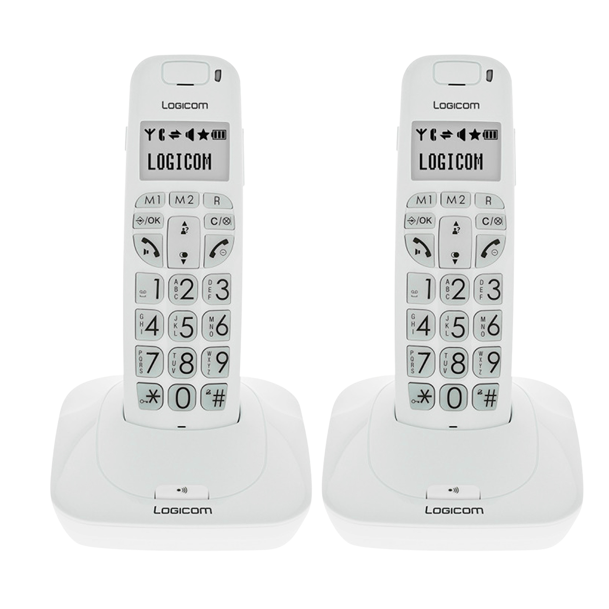Zwei weiße kabellose Logicom-Telefone mit großen Tasten und Ladestationen auf weißem Hintergrund.