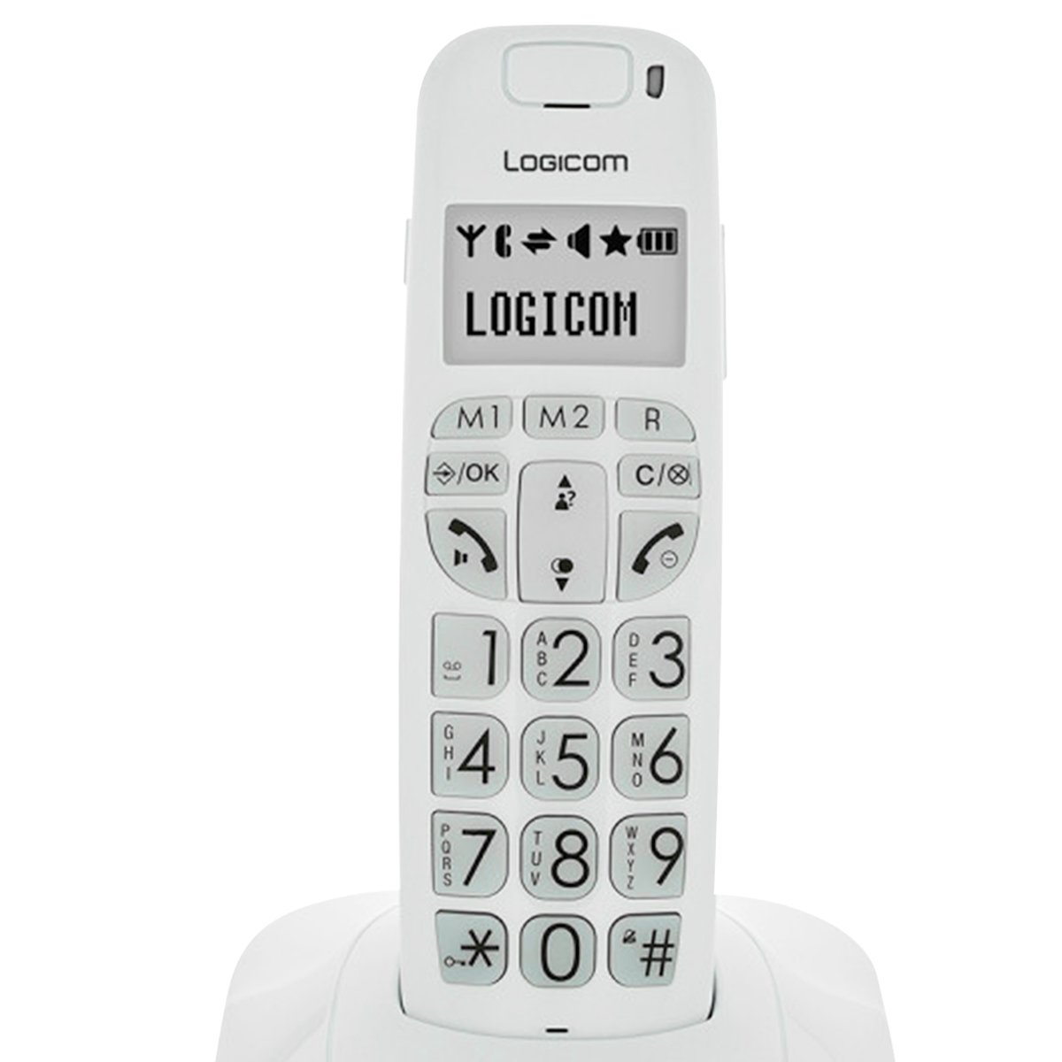Ein weißes schnurloses Logicom-Festnetztelefon mit Display, großen Tasten und Ladestation auf weißem Hintergrund.