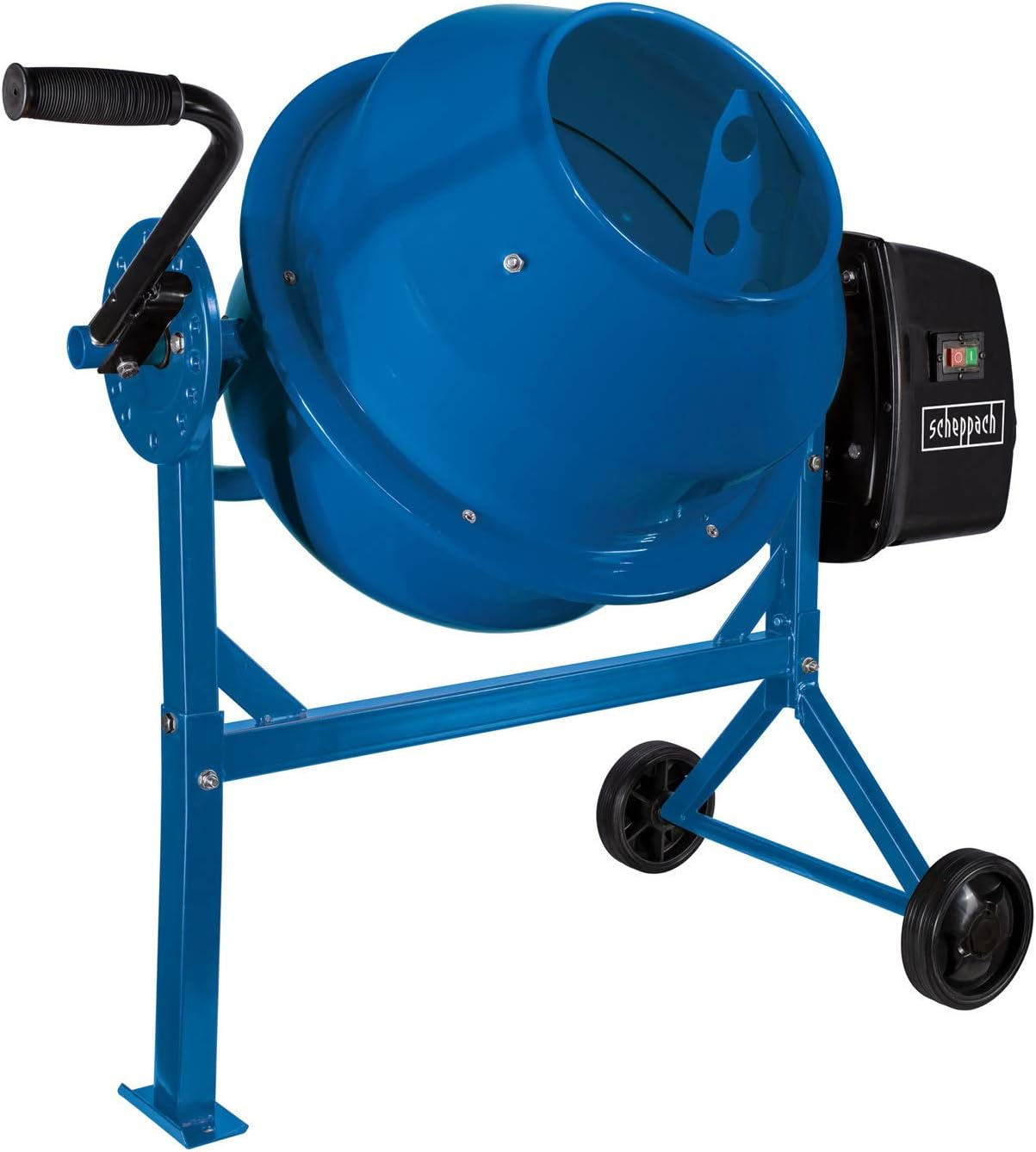 Ein blauer Scheppach Betonmischer mit schwarzem Motor und zwei Rädern auf weißem Hintergrund.