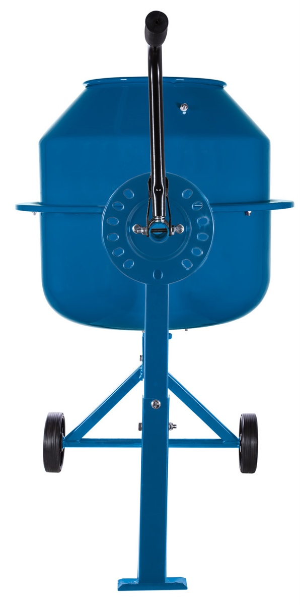 Ein blauer Betonmischer mit einem schwarzen Griff und zwei kleinen Rädern steht auf weißem Hintergrund.