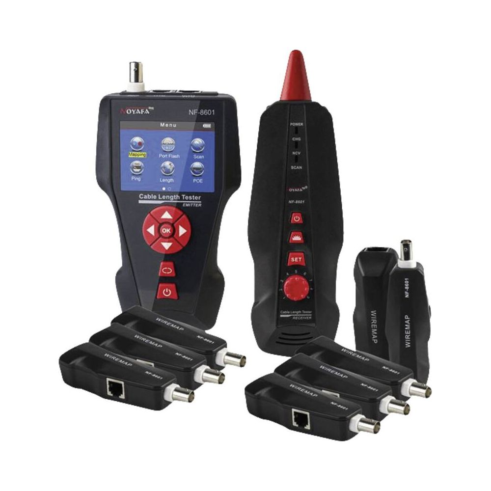 Ein schwarzer Noyafa NF-8601 Kabeltester mit Emitter, Empfänger und mehreren kleinen Remote-Modulen.