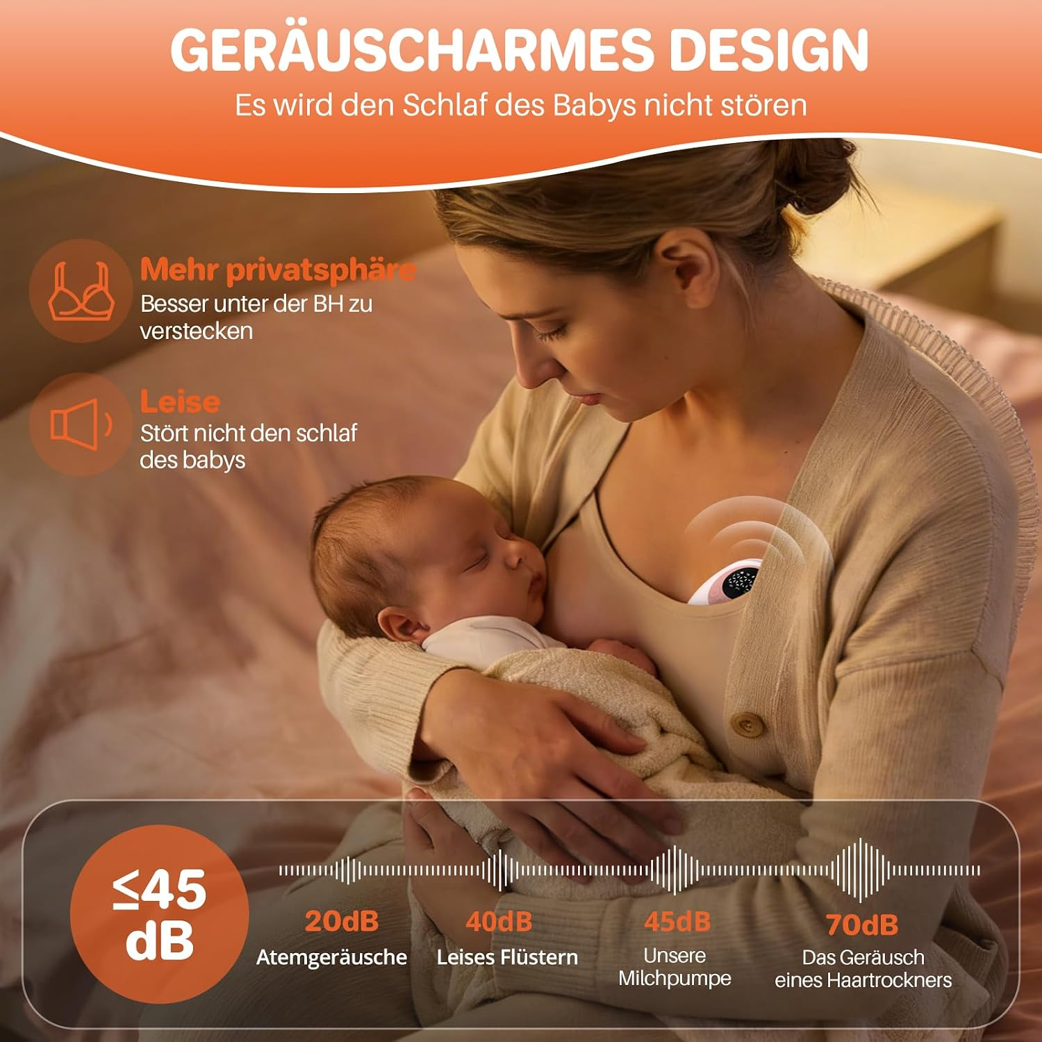 Eine Mutter hält ihr schlafendes Baby und nutzt eine leise Milchpumpe.