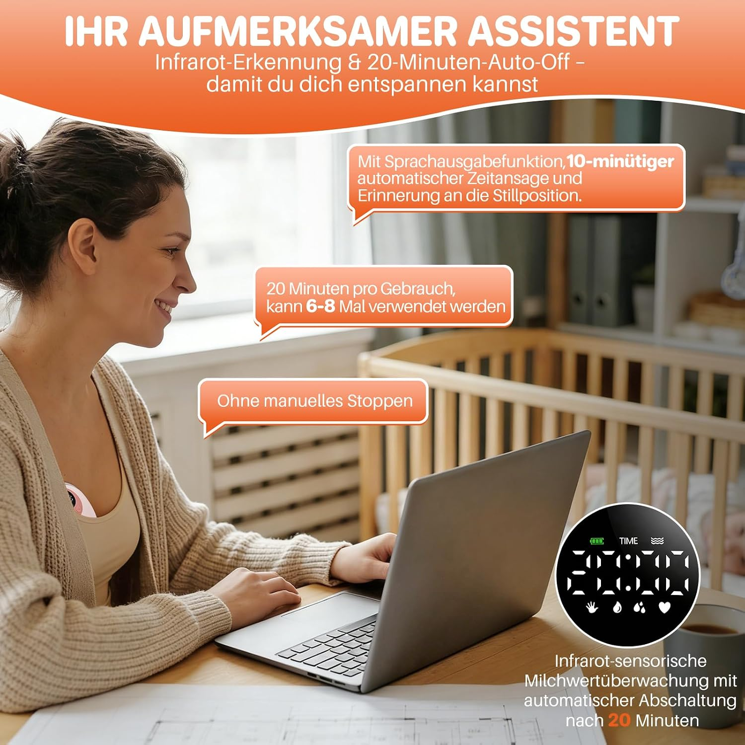 Eine Frau arbeitet am Laptop mit Textboxen und einer Infrarot-Milchüberwachungsanzeige.