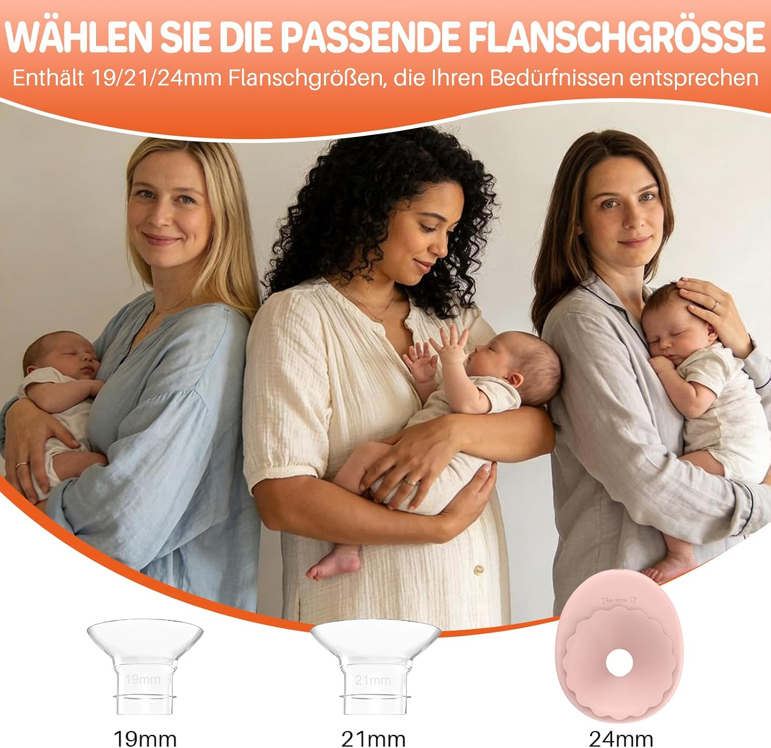Drei Mütter halten schlafende Babys, mit deutschem Text oben und drei Brustwarzengrößen unten.