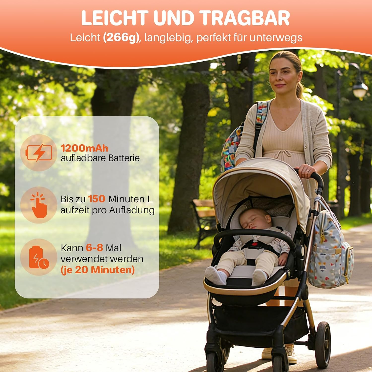 Eine Frau schiebt einen Kinderwagen mit einem schlafenden Baby in einem sonnigen Park, mit Textoverlay über Produktmerkmale.