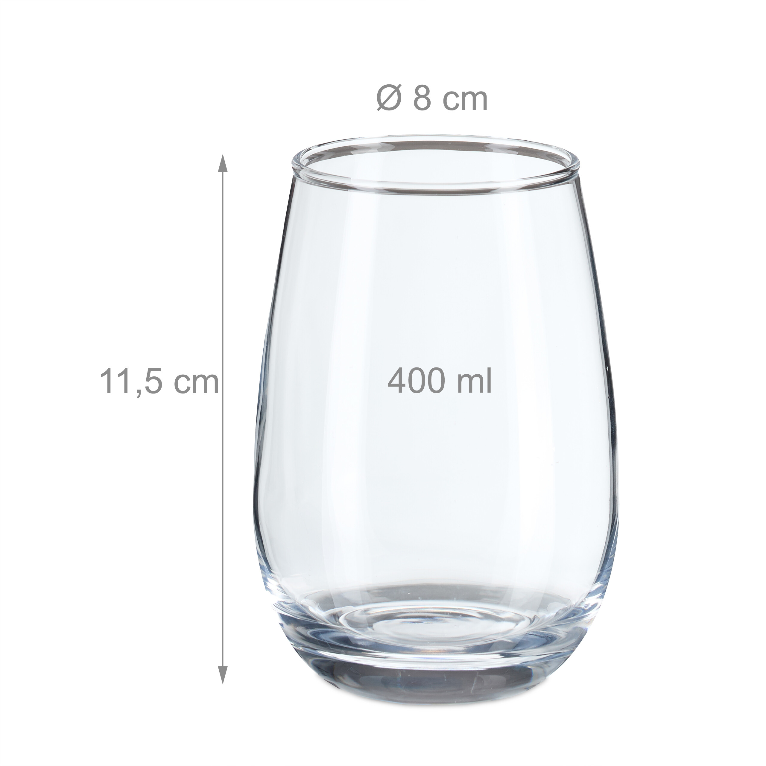 Ein klares 400 ml Trinkglas mit 8 cm Durchmesser und 11,5 cm Höhe vor weißem Hintergrund.