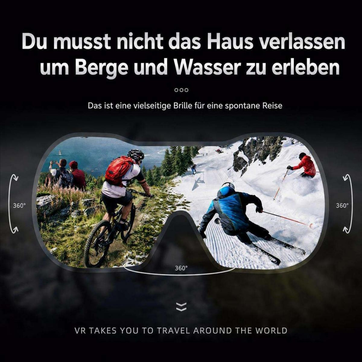 VR-Brille zeigt Bergszenen mit Mountainbiking und Skifahren vor schneebedecktem Hintergrund.