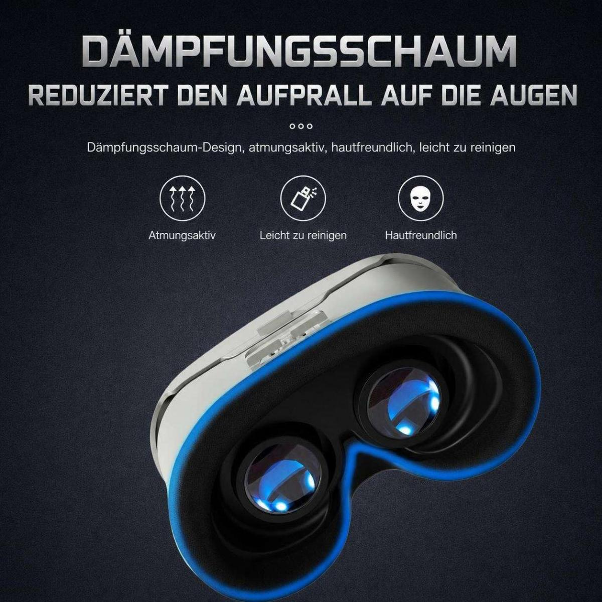 VR-Headset mit blauem Kissen, atmungsaktiv, leicht zu reinigen und hautfreundlich.
