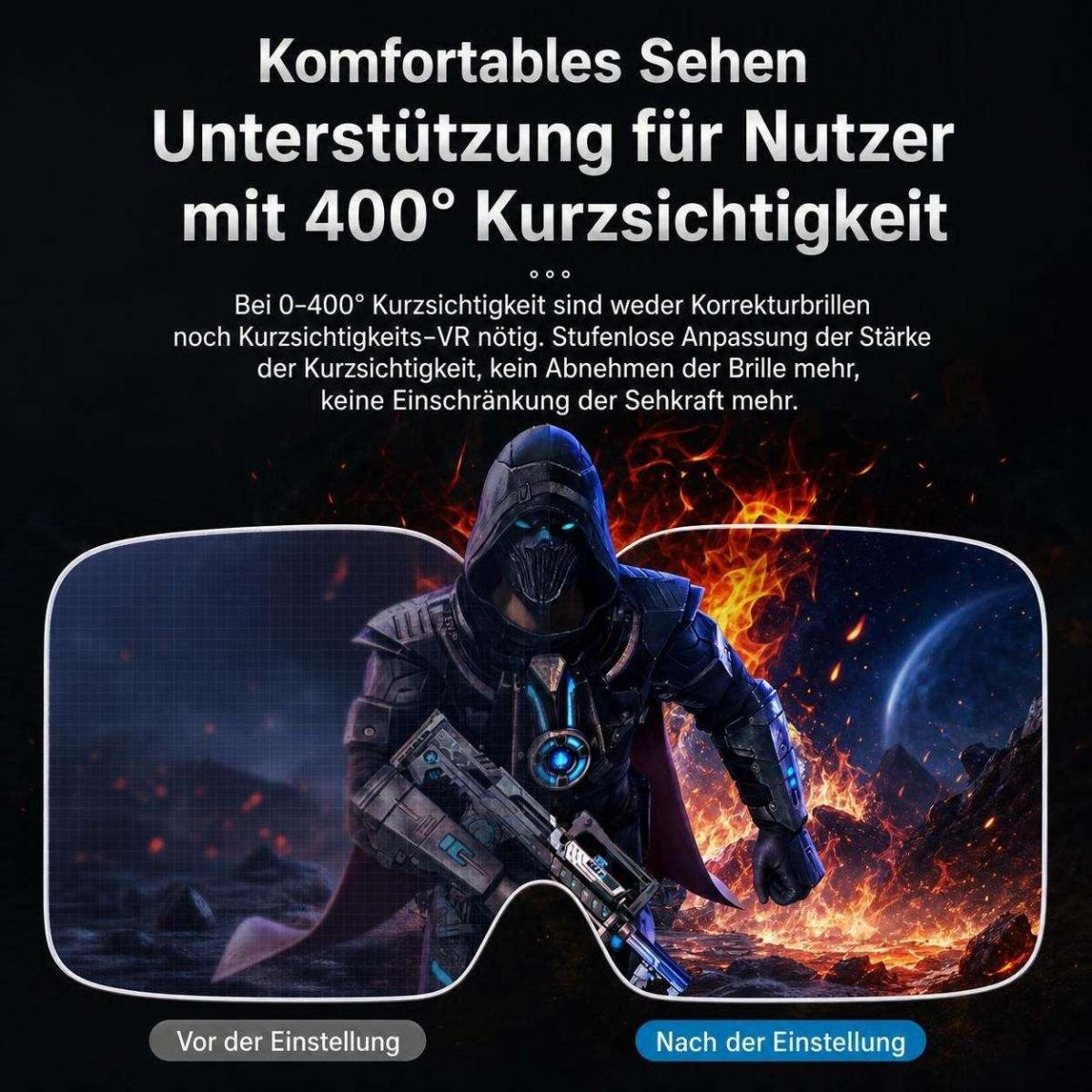 Sci-Fi-Charakter mit Waffe in einer VR-Brille mit deutschem Text.