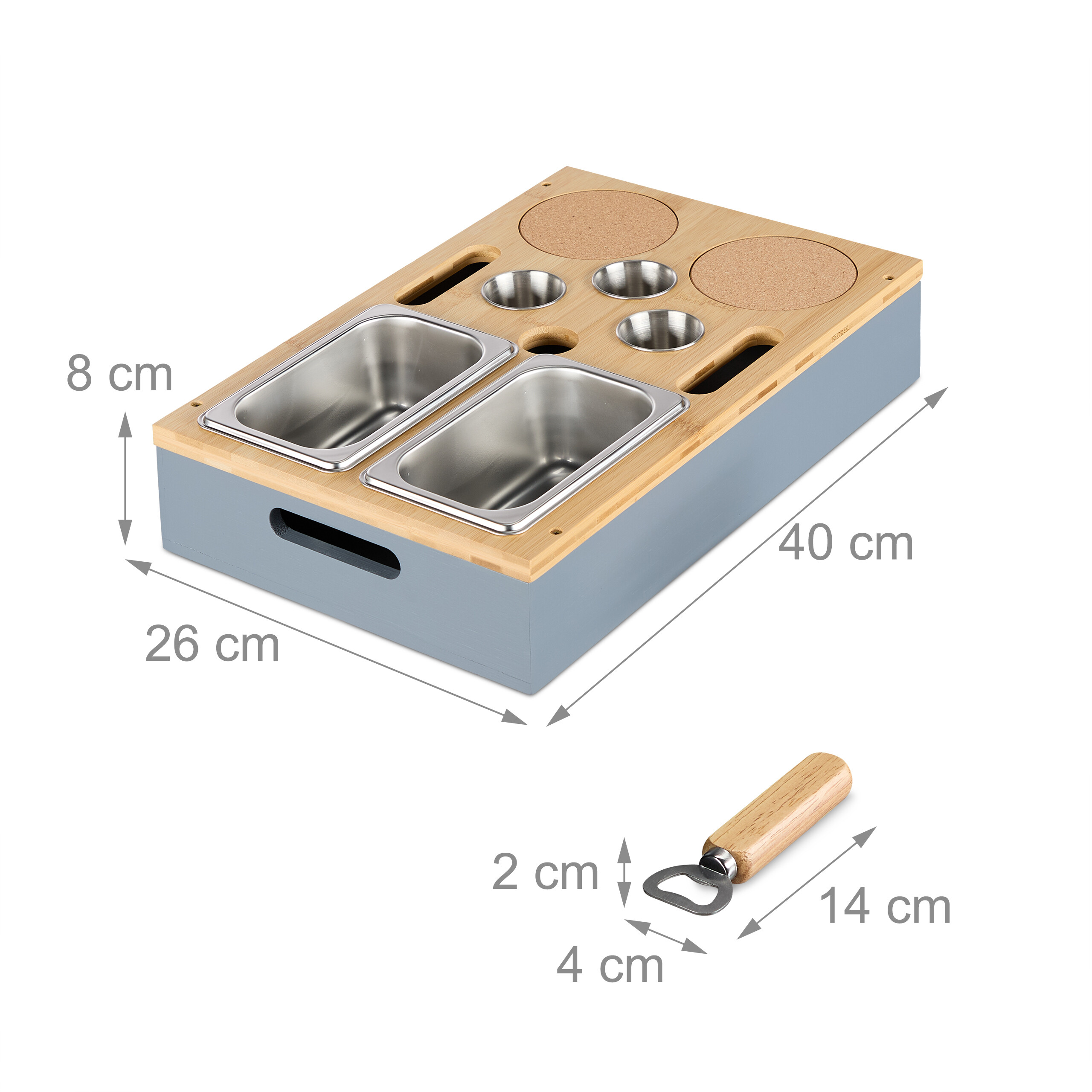 Graue Holzbox mit Bambusdeckel, Metallbehältern und Flaschenöffner mit Maßangaben.