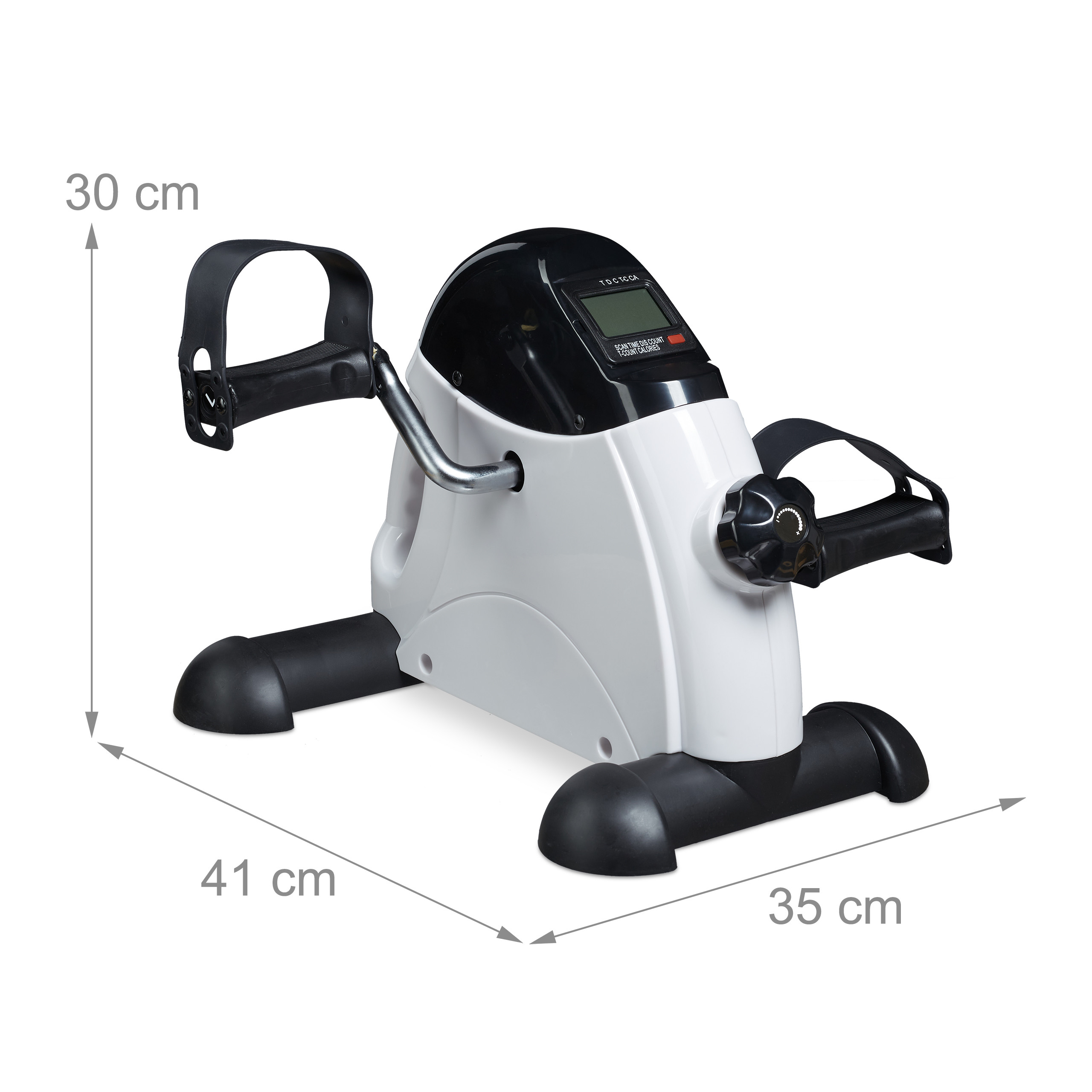 Kompakter weiß-schwarzer Heimtrainer mit Pedalen und Display, mit Maßangaben von 30x41x35 cm.