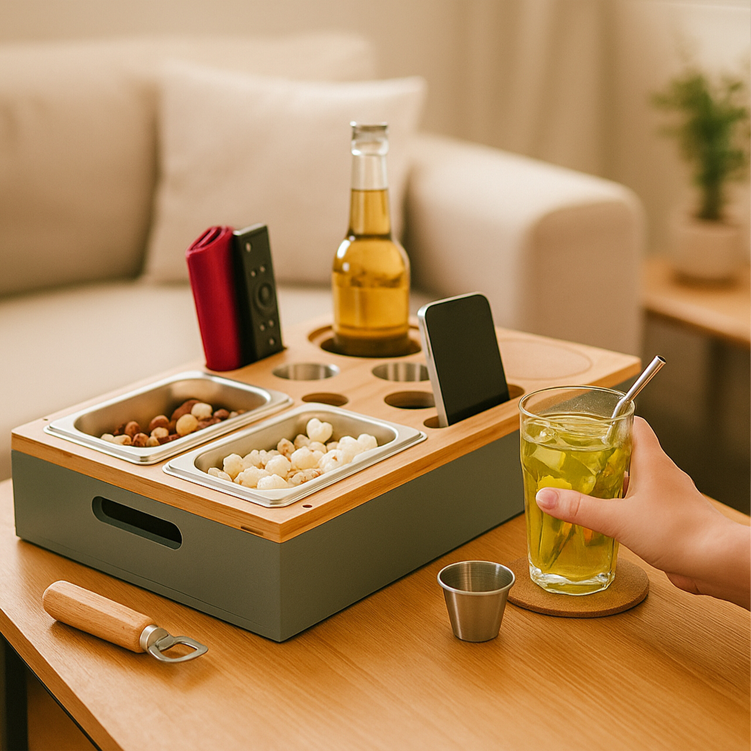 Ein hölzerner Couchtisch-Organizer mit Snacks, Getränken und einer Hand, die ein Glas hält.