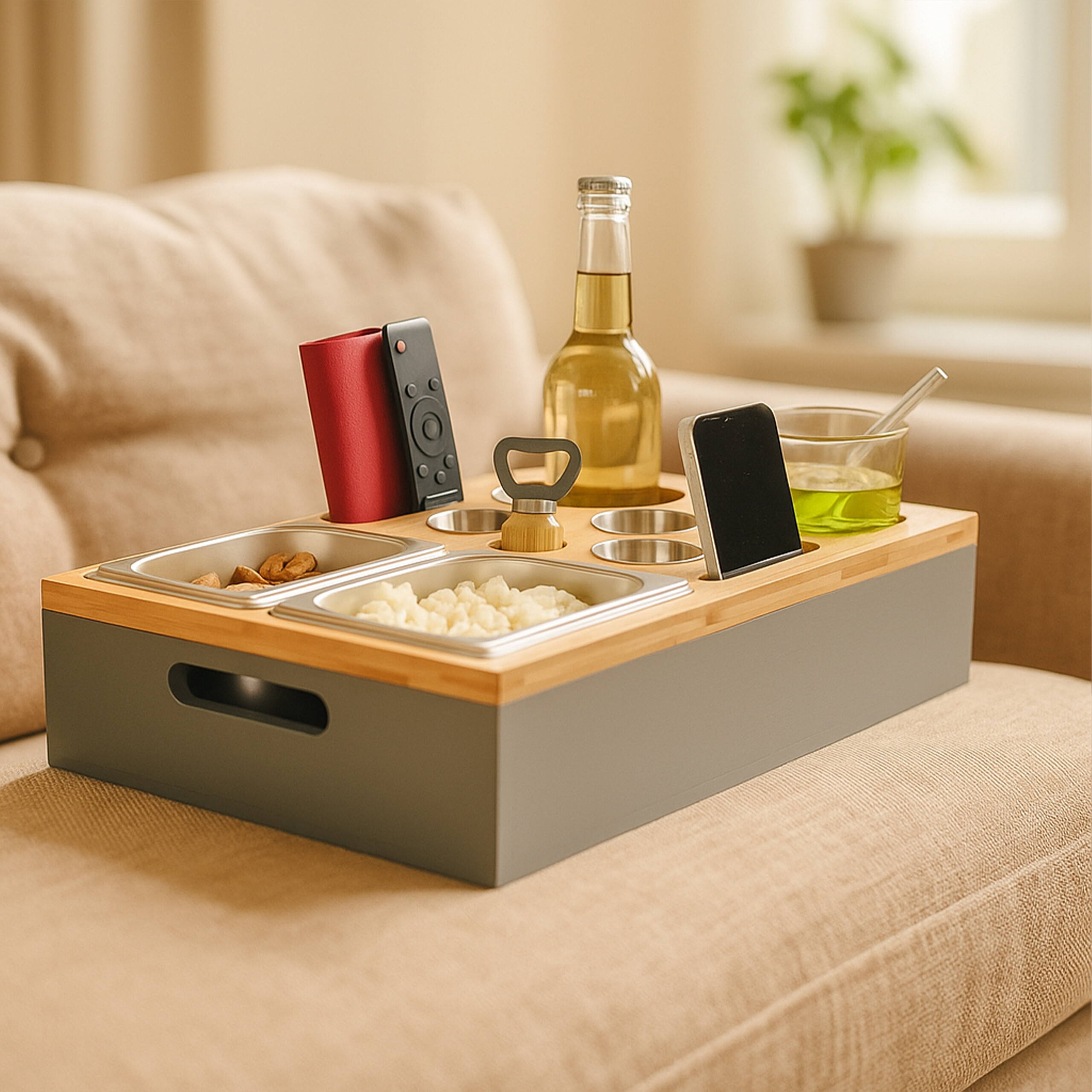 Ein Sofa-Caddy aus Holz hält Snacks, eine Getränkeflasche, Fernbedienungen und ein Smartphone auf einem Sofa.