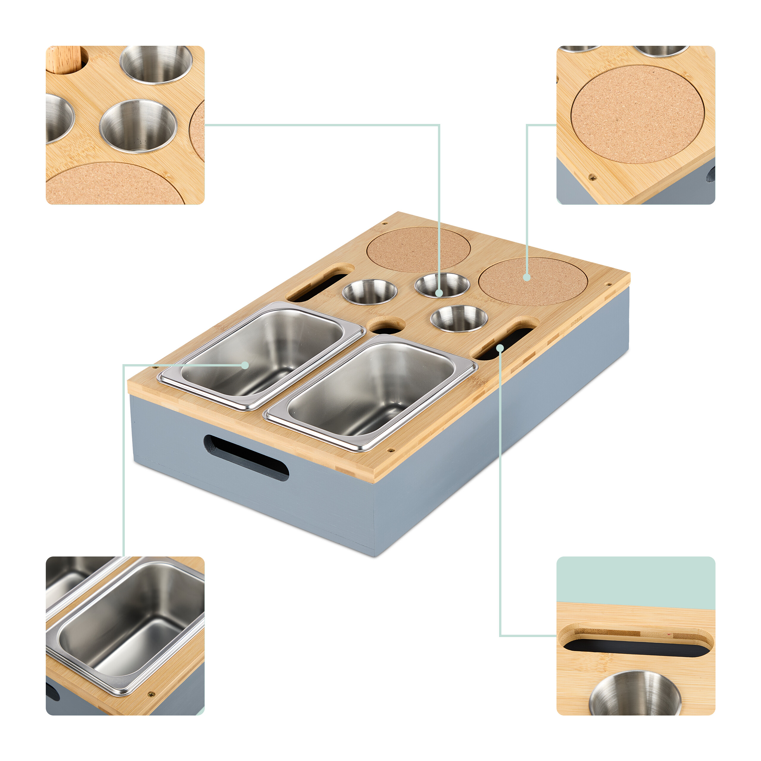 Eine graue Holzbox mit Bambusdeckel, Edelstahlbehältern und Korkeinsätzen mit vier Detailansichten.