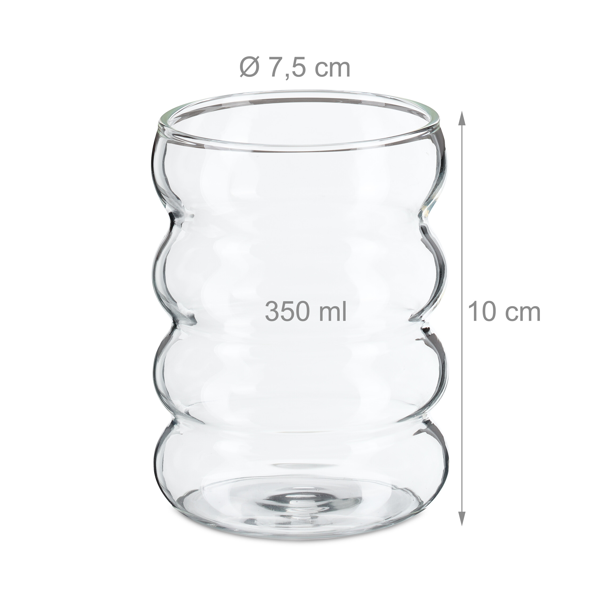 Transparenter Rillenglasbecher mit Maßangaben: 350 ml, 7,5 cm Durchmesser, 10 cm Höhe.