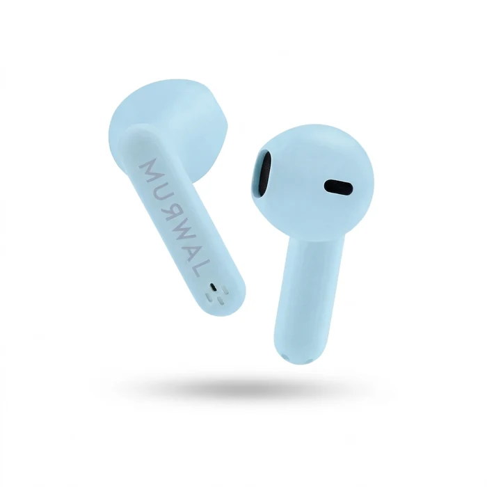 Dos auriculares inalámbricos azul claro flotan sobre fondo blanco.