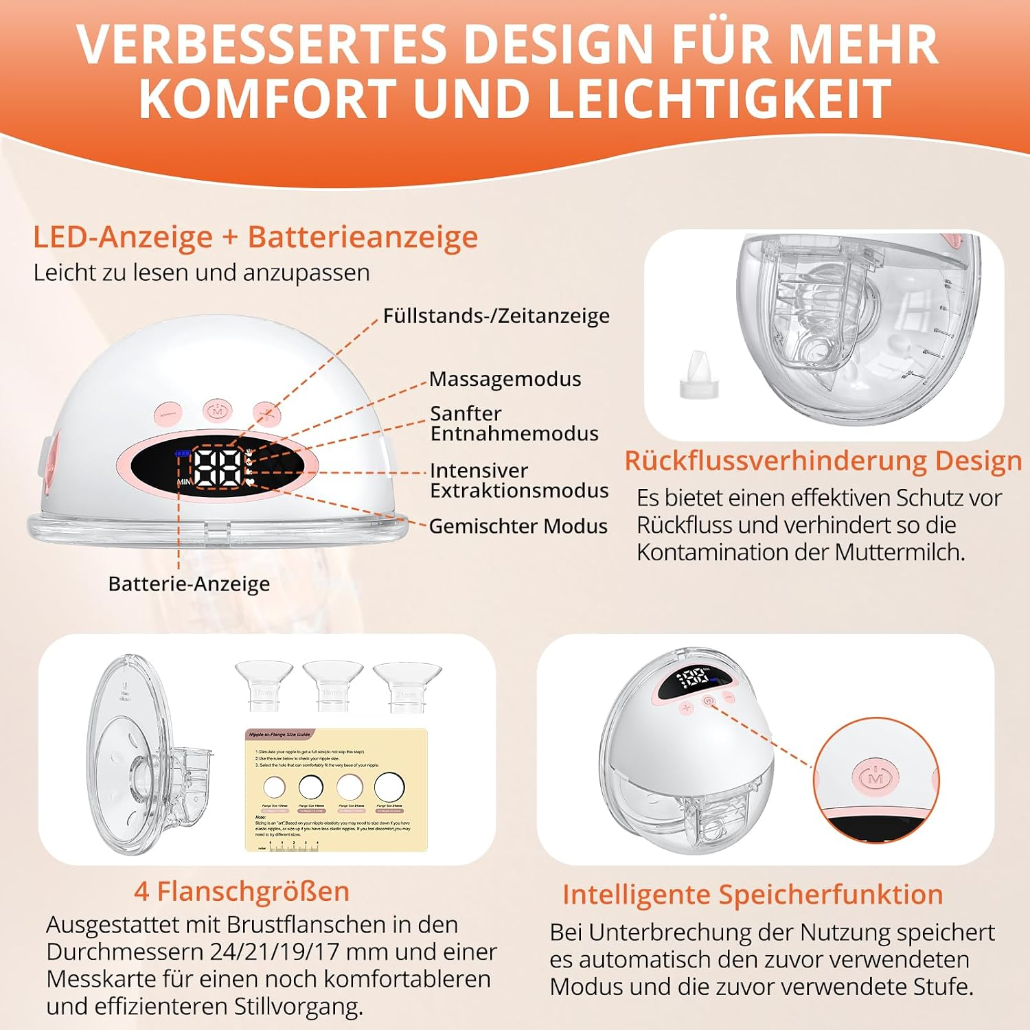 Diagramm einer tragbaren Milchpumpe mit Funktionen wie LED-Display, verschiedenen Modi und Zubehör.