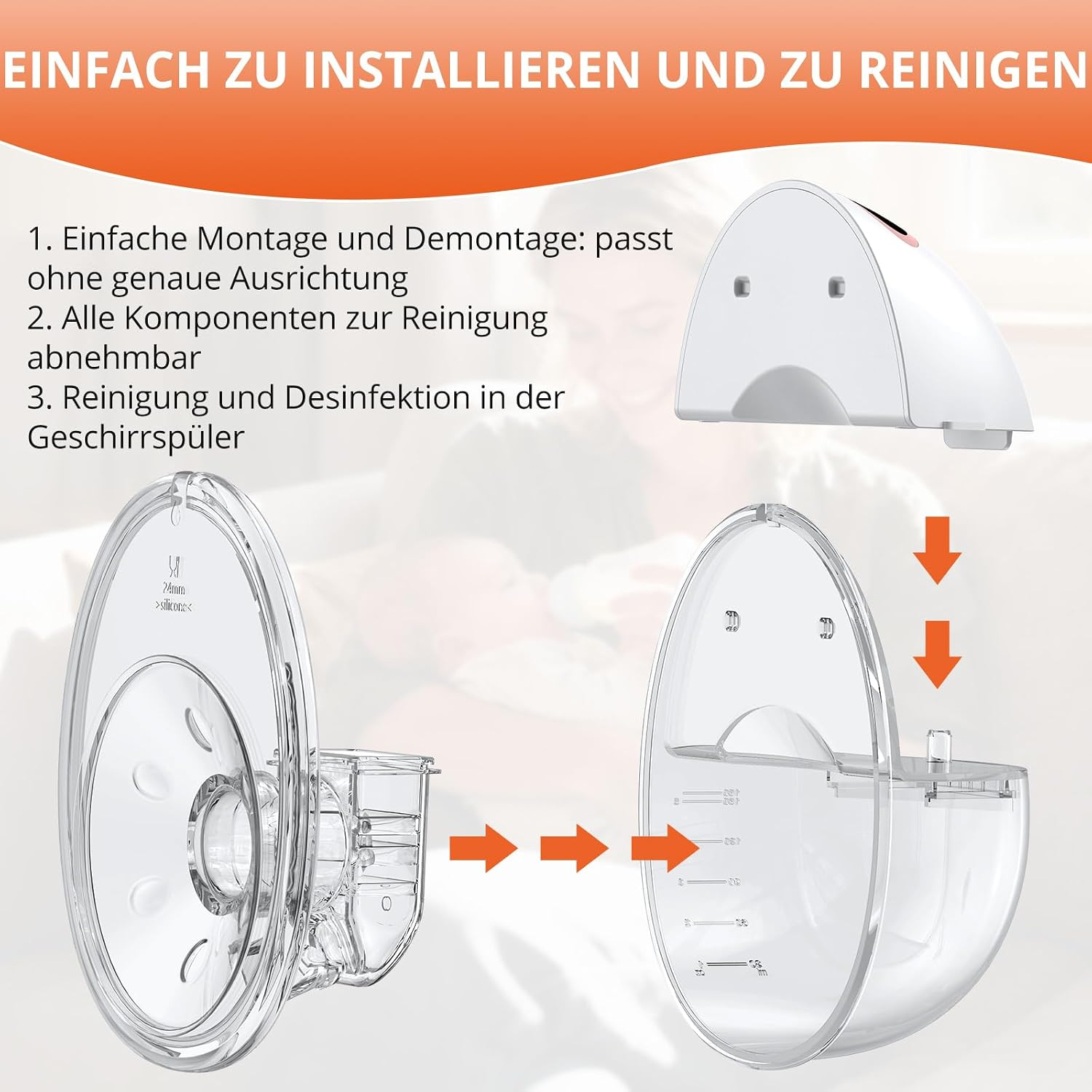 Diagramm zeigt die einfache Montage, Demontage und Reinigung der transparenten Milchpumpe mit abnehmbaren Teilen.