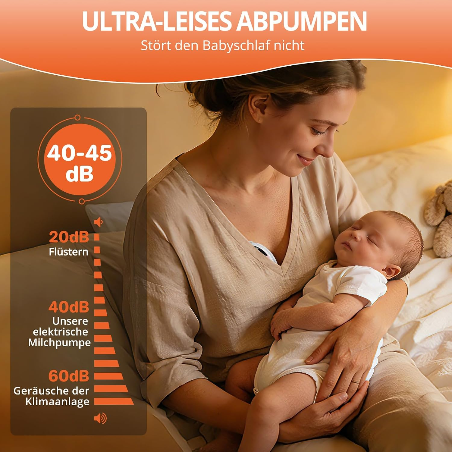 Eine Mutter hält ihr schlafendes Baby auf einem Bett, links eine leise Geräuschpegel-Tabelle.