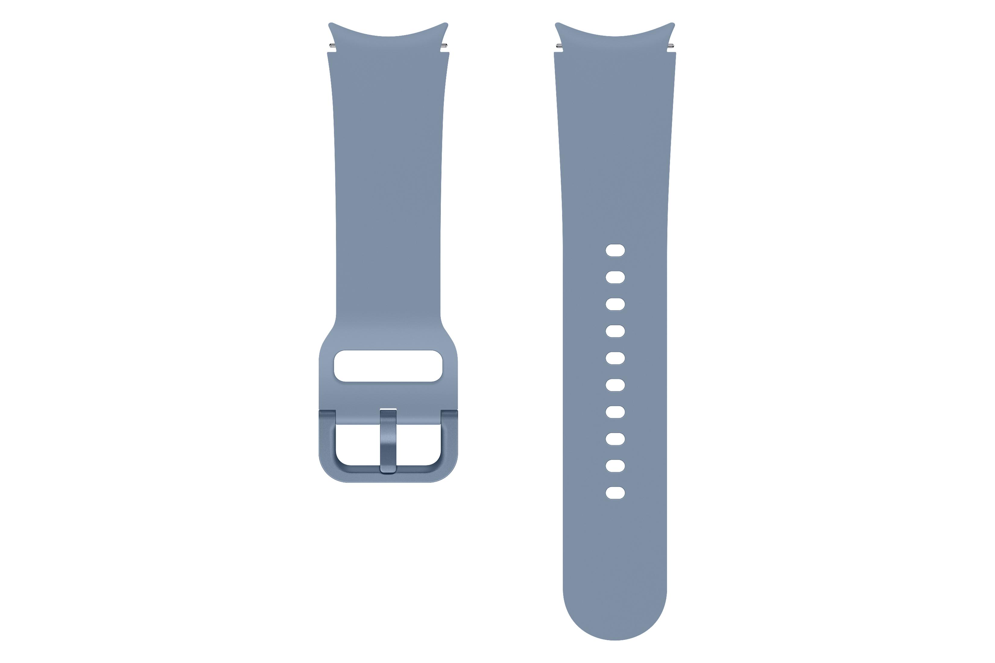 Ein graues Silikon-Smartwatch-Armband mit Schnalle und Löchern vor weißem Hintergrund.