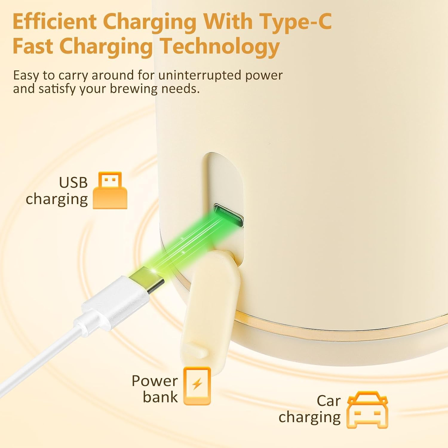 Ein weißes USB-C-Ladekabel wird in eine Buchse an einem beigen elektrischen Gerät eingesteckt.