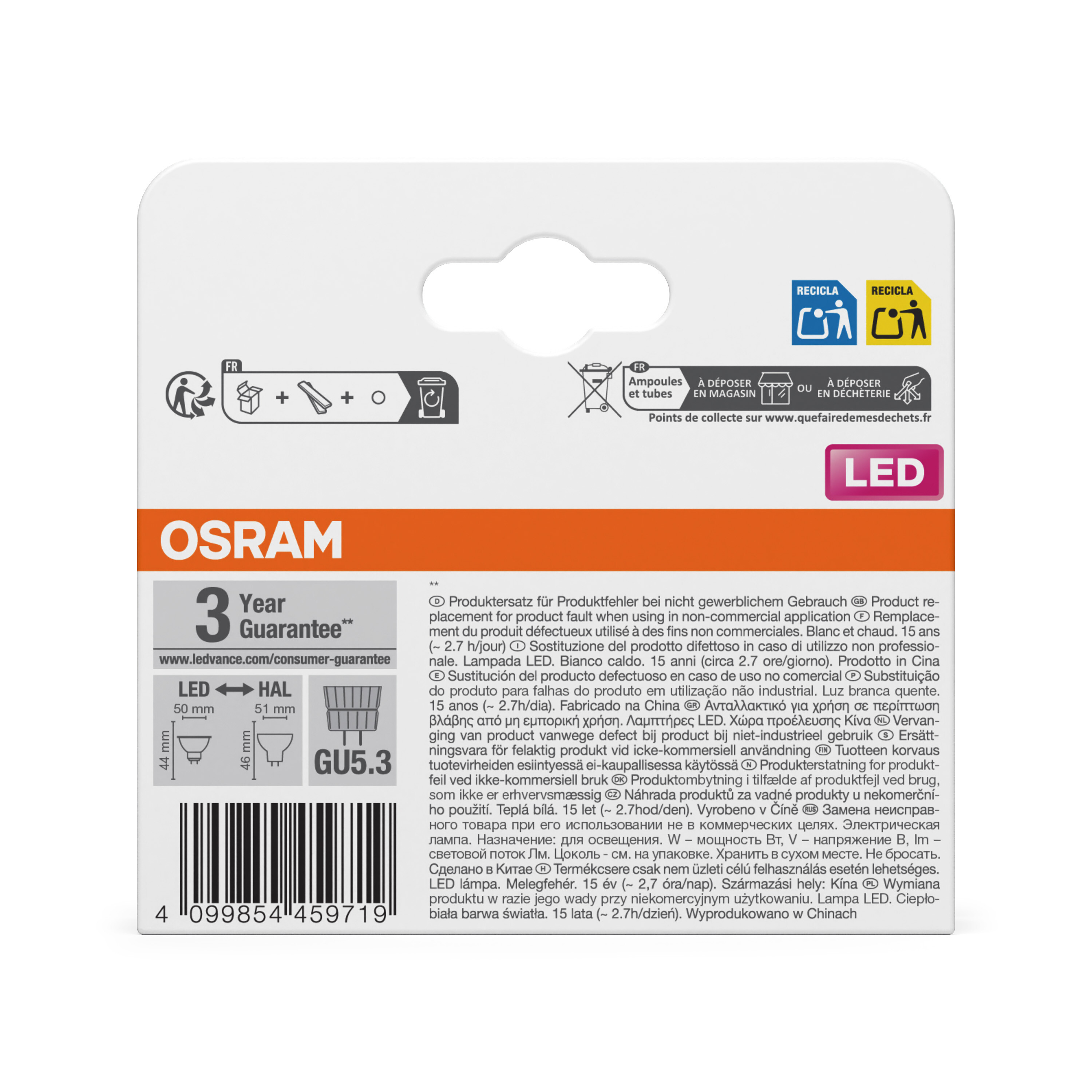 OSRAM LED-Glühbirnenverpackung mit GU5.3-Sockel, dreijähriger Garantie und Strichcode.