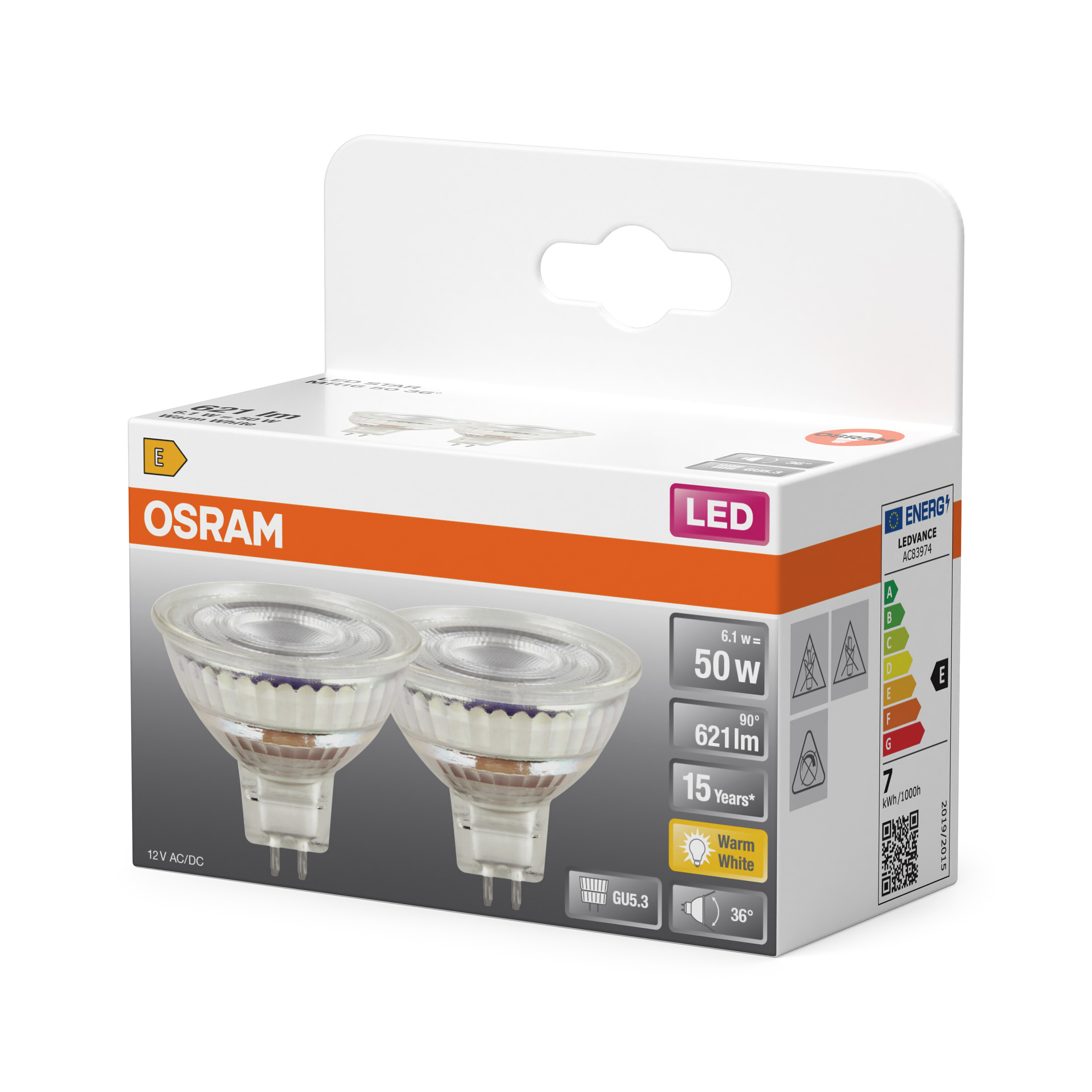 Verpackung von Osram LED-Lampen mit Energieeffizienzklasse E, technischen Daten und Abbildung der Lampen.