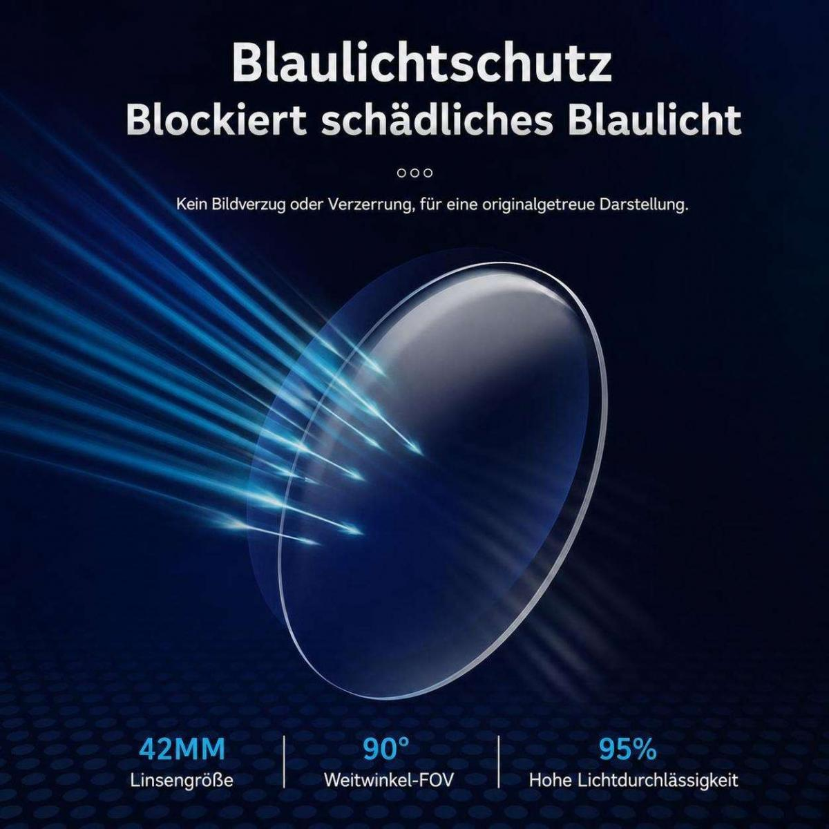Blaulichtfilter-Linse auf blauem Hintergrund mit deutscher Texterklärung zu Eigenschaften und Maßen.