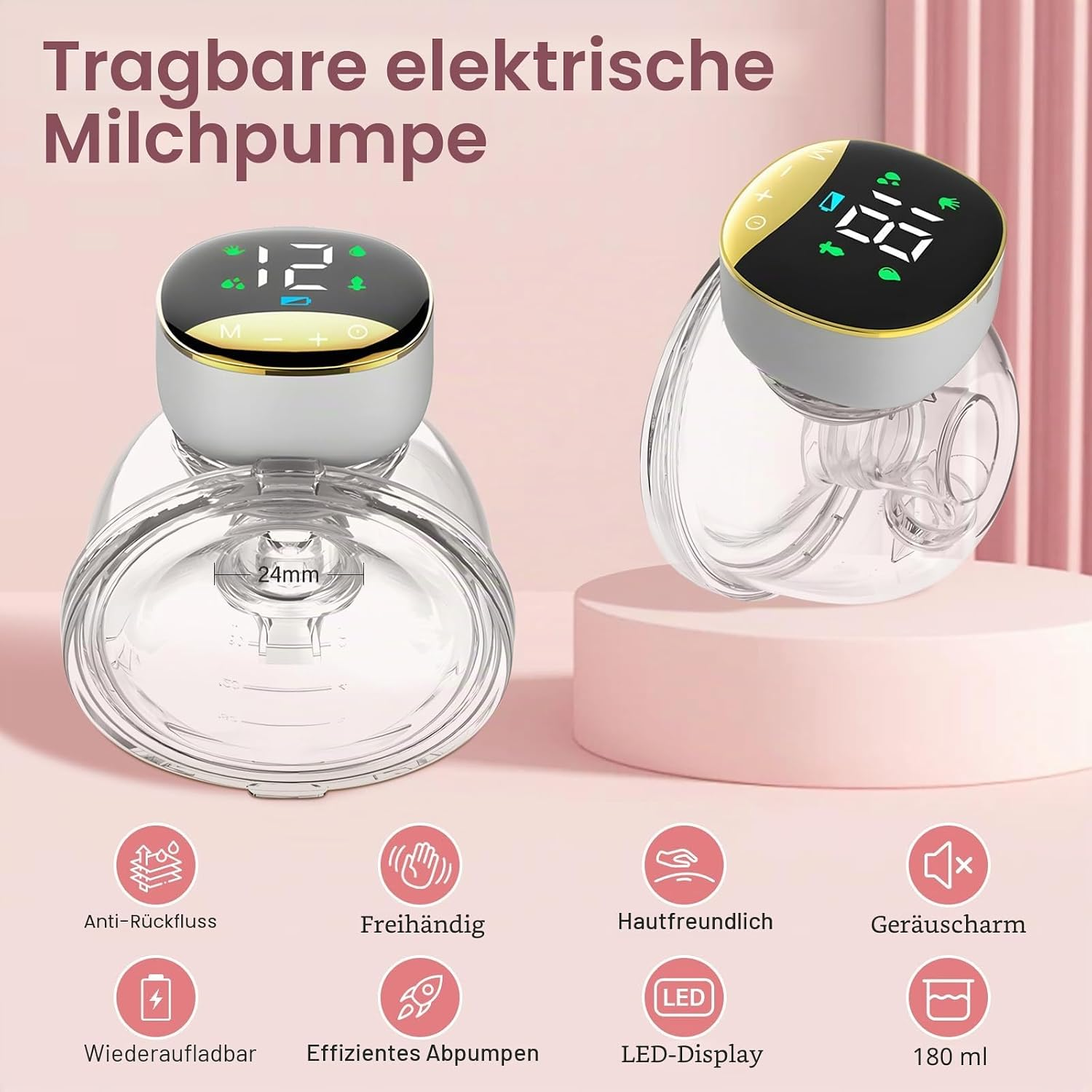 Zwei tragbare elektrische Milchpumpen mit LED-Display und Icons für Funktionen wie Anti-Rückfluss und Freihändig.
