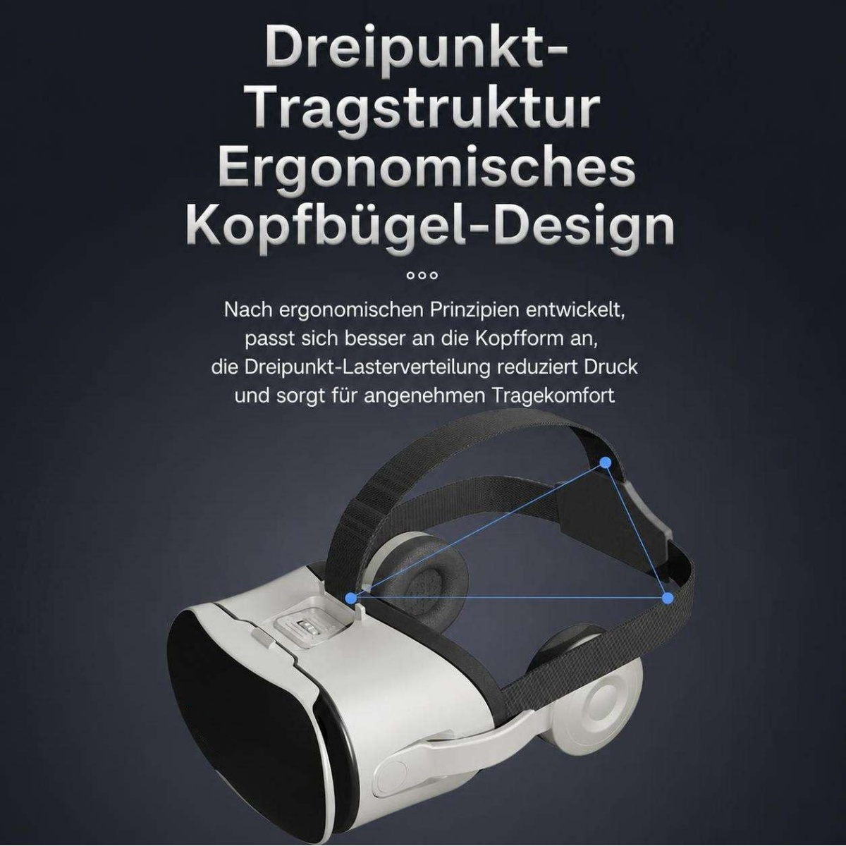VR-Headset mit ergonomischem Kopfbügel-Design und Textbeschreibung auf dunkelblauem Hintergrund.