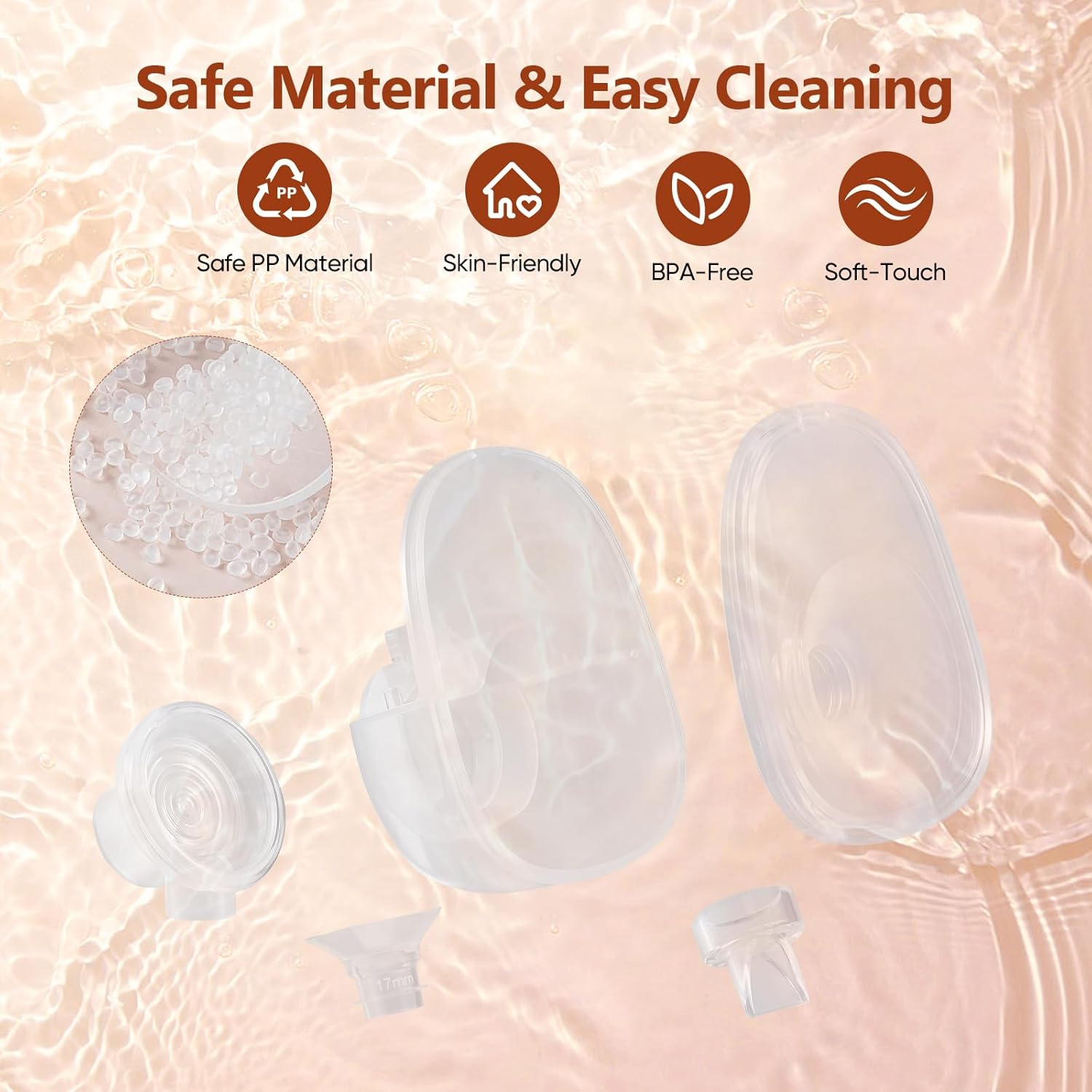 Transparente Milchpumpe-Teile auf wässrigem Hintergrund, mit Hinweisen auf sichere, BPA-freie Materialien.