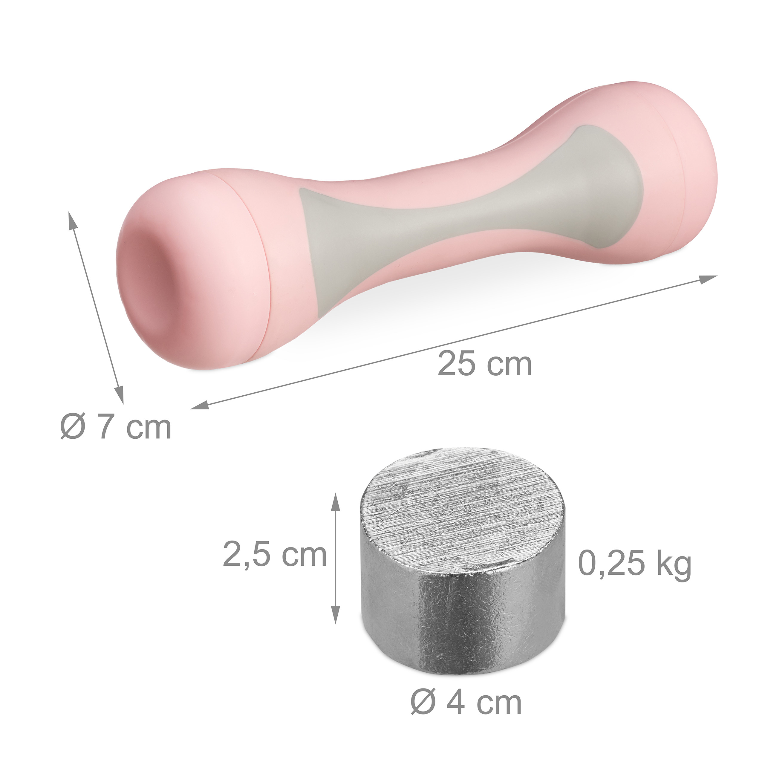Rosa Hantel mit grauem Griff, 25cm lang, und separater 0,25kg Metallzylinder mit Maßen.
