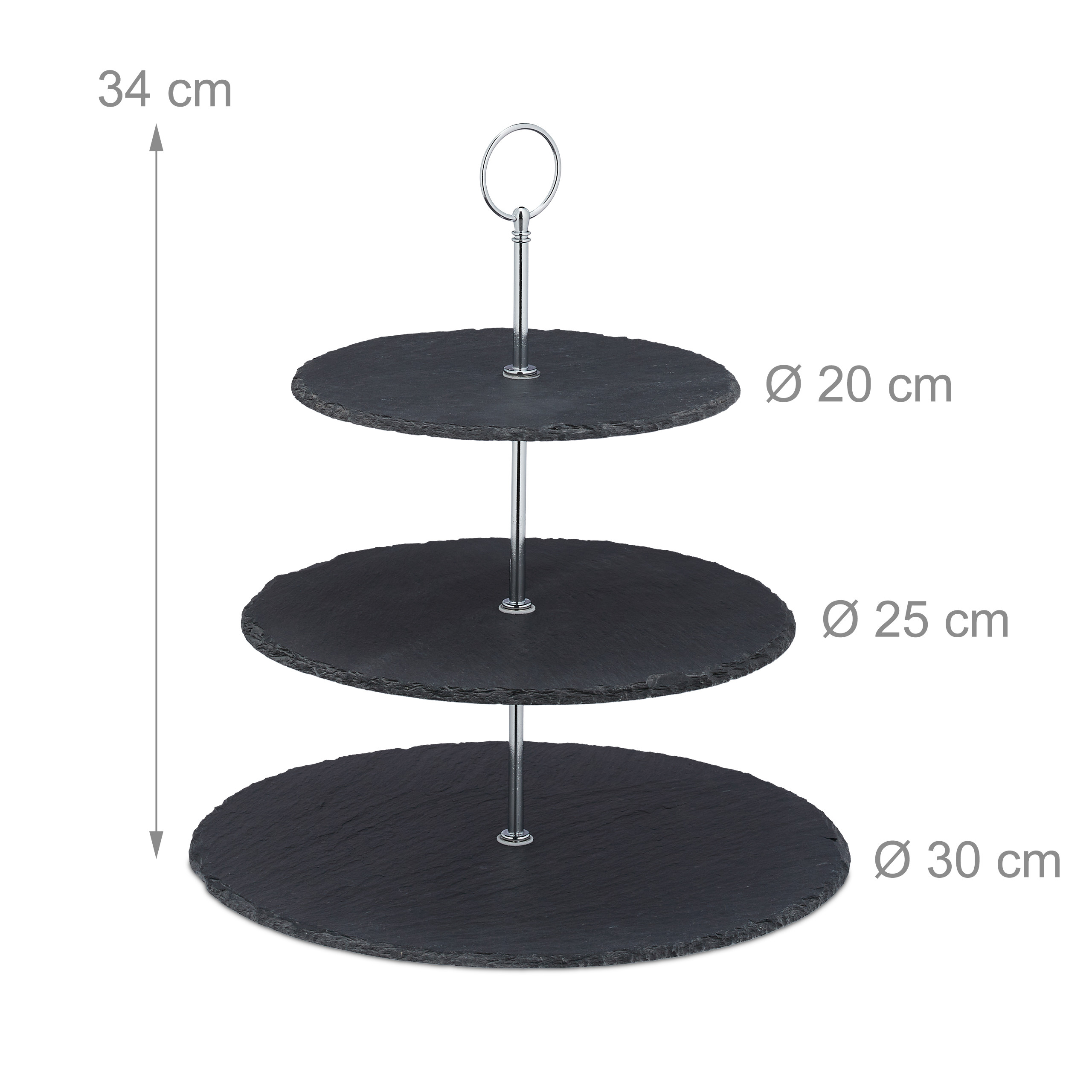 Dreistöckige dunkle Schiefer-Etagere mit Metallstange, mit Maßangaben von 34 cm Höhe und Plattendurchmessern.