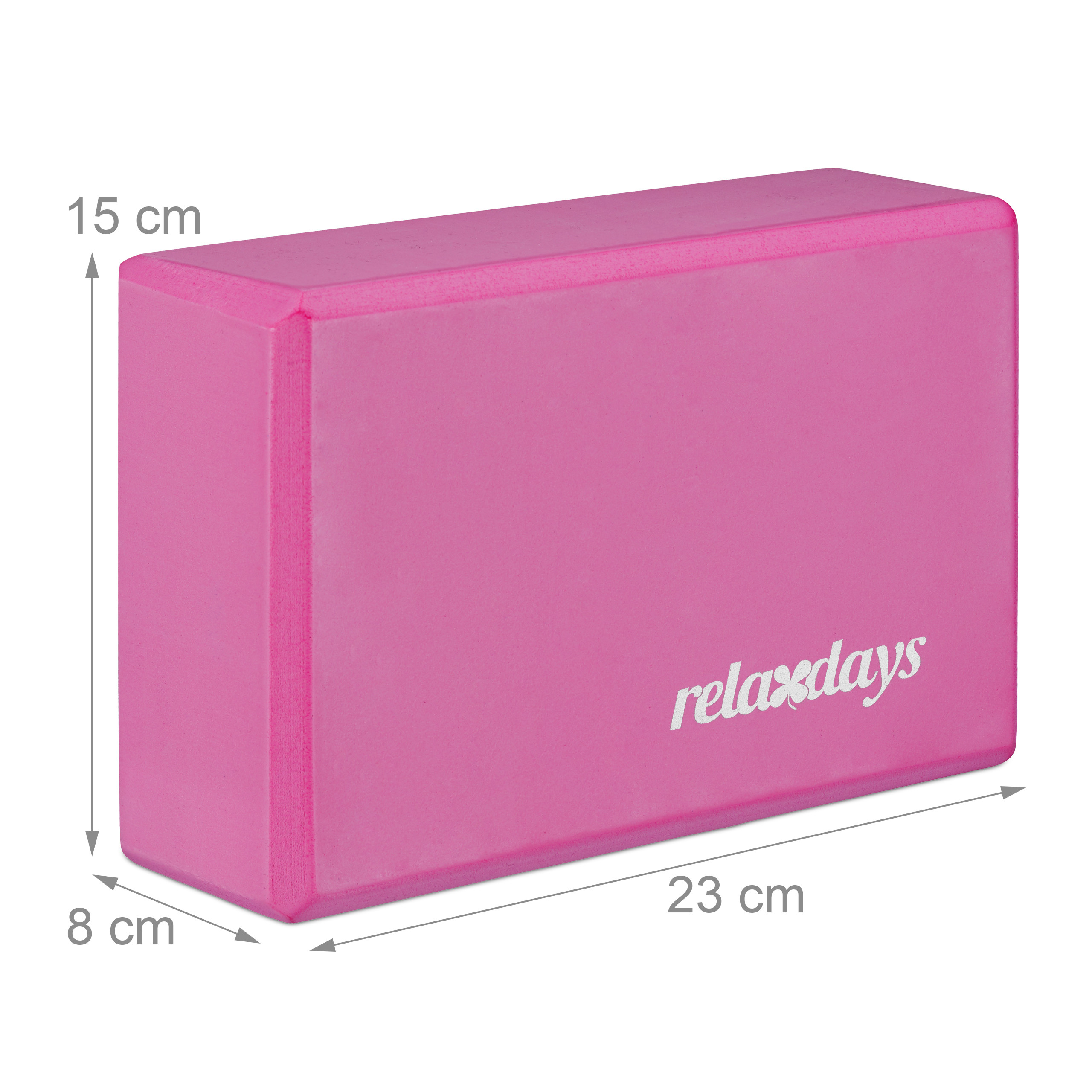Ein pinkfarbener Yoga-Block mit den Maßen 23x15x8 cm und weißem Logo.