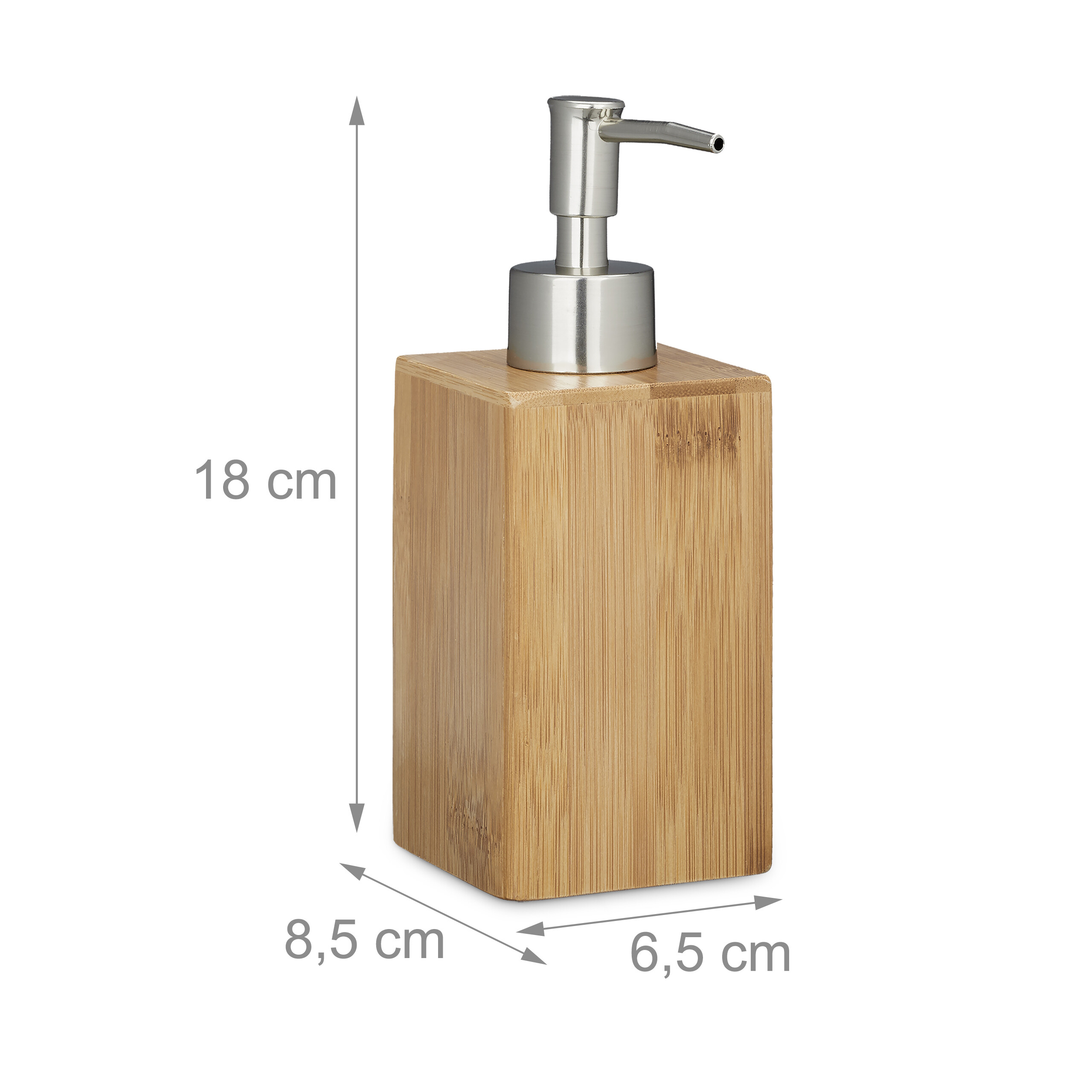 Bambus-Seifenspender mit silbernem Pumpkopf und Maßen 18x8,5x6,5 cm.