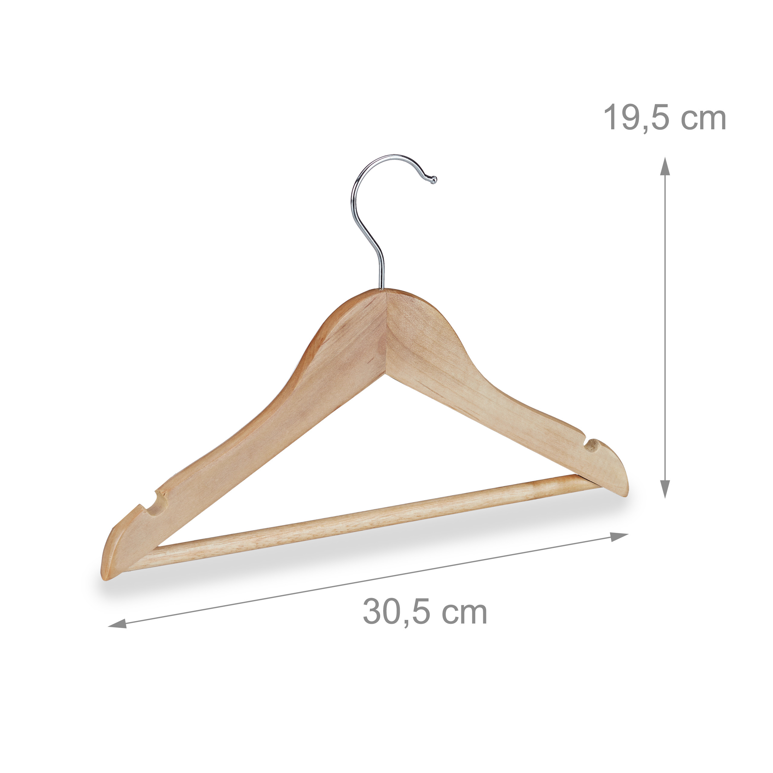 Ein hölzerner Kleiderbügel mit den Maßen 30,5 cm mal 19,5 cm und Metallhaken.