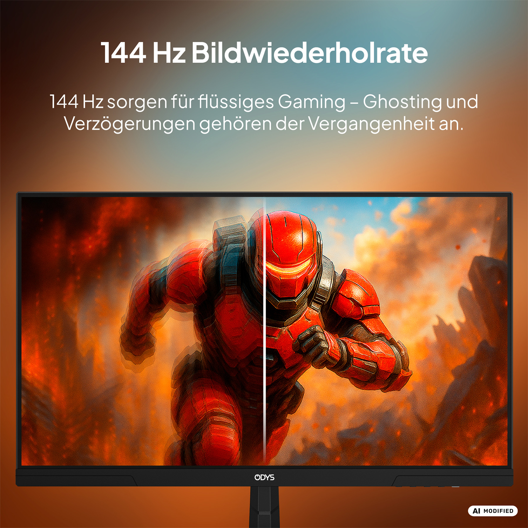 Ein Monitor zeigt ein rotes Roboterwesen in Bewegung, links mit Ghosting, rechts scharf.