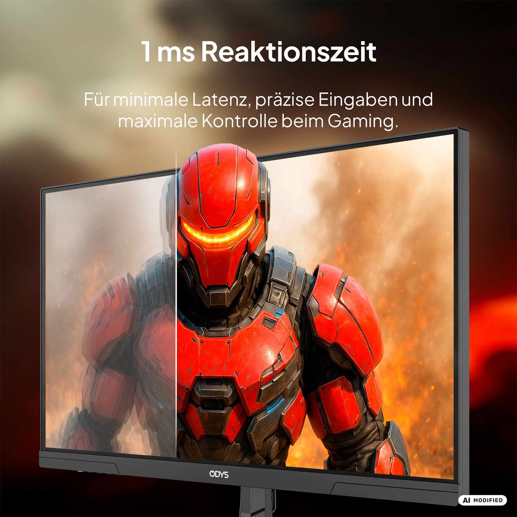 Odys Gaming-Monitor zeigt einen roten Roboter mit Text zu 1 ms Reaktionszeit.