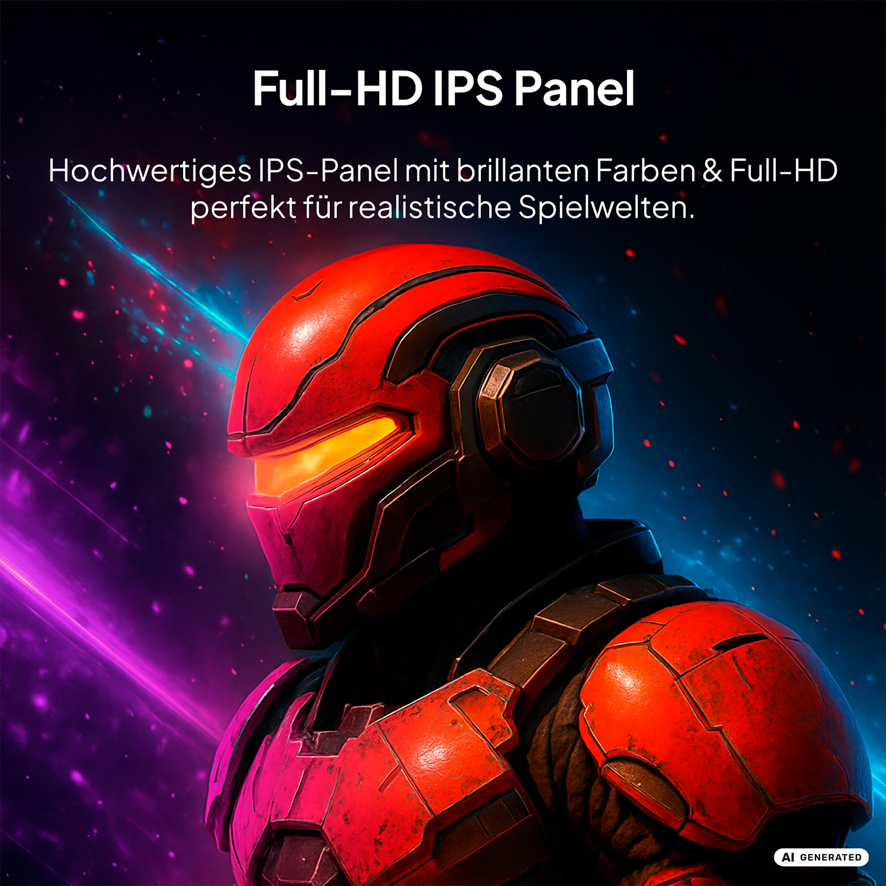 Ein rot-schwarzer Sci-Fi-Helm und Rüstung vor einem Hintergrund mit blauem und lila Licht.