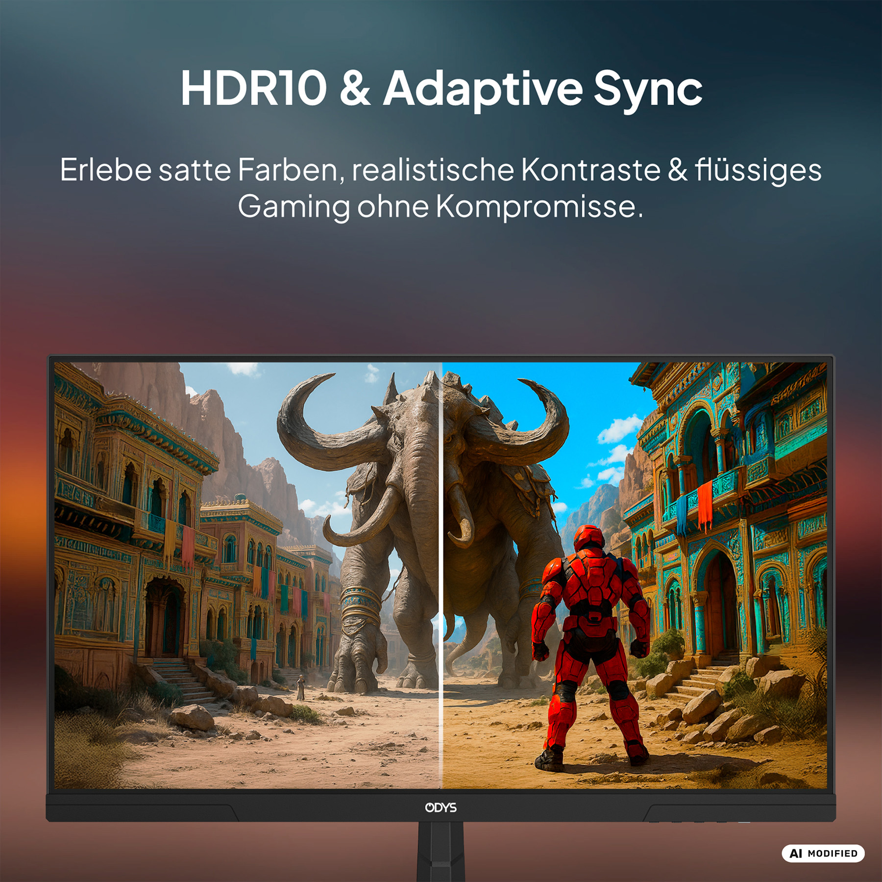 Ein Monitor zeigt ein HDR10-Bild mit einem roten Charakter vor einem großen Kreatur in einer farbenfrohen Stadt.