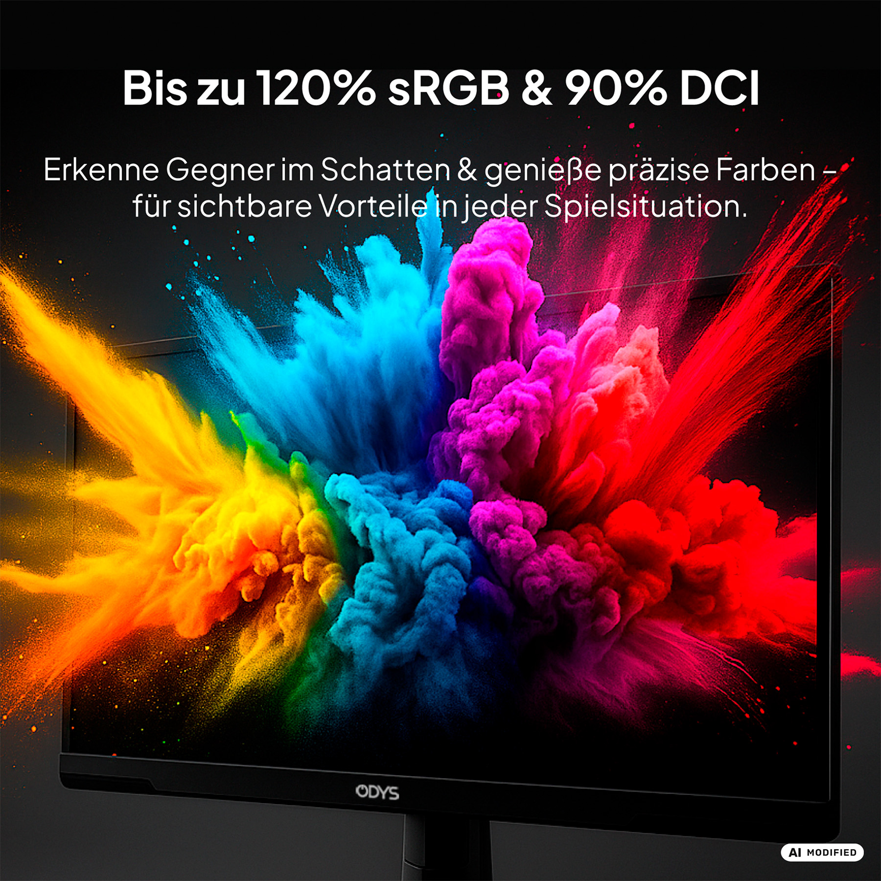 Monitor zeigt bunte Farbexplosion mit Gelb, Blau, Pink und Rot vor schwarzem Hintergrund.