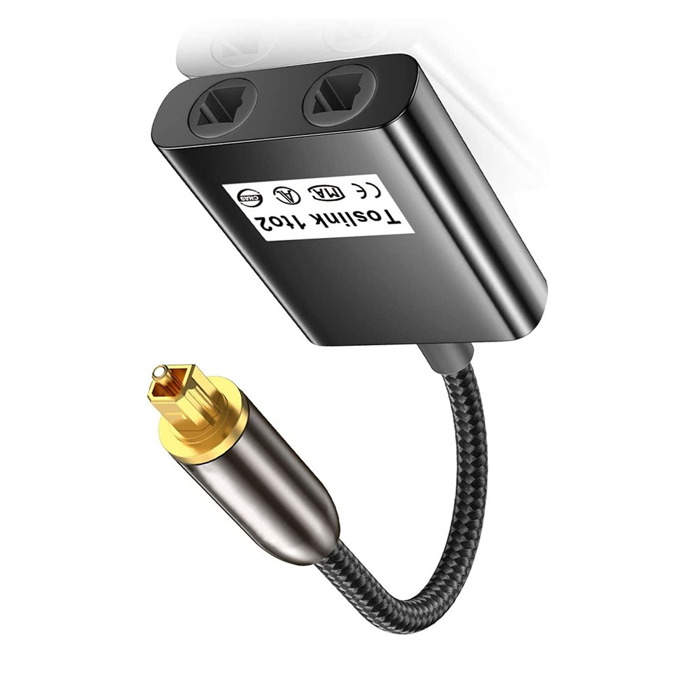 Ein schwarzes Toslink 1-zu-2-Audio-Splitterkabel mit vergoldetem Stecker auf weißem Hintergrund.