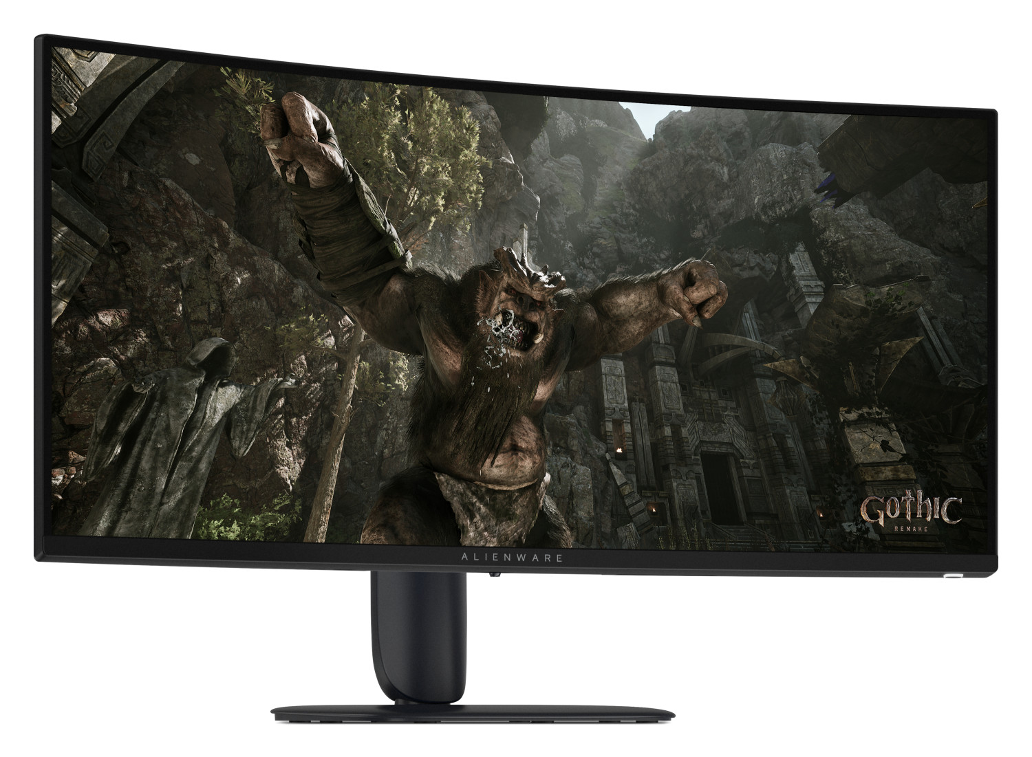 Un monitor curvo Alienware mostra una scena di gioco fantasy con un mostro ruggente in un paesaggio roccioso.