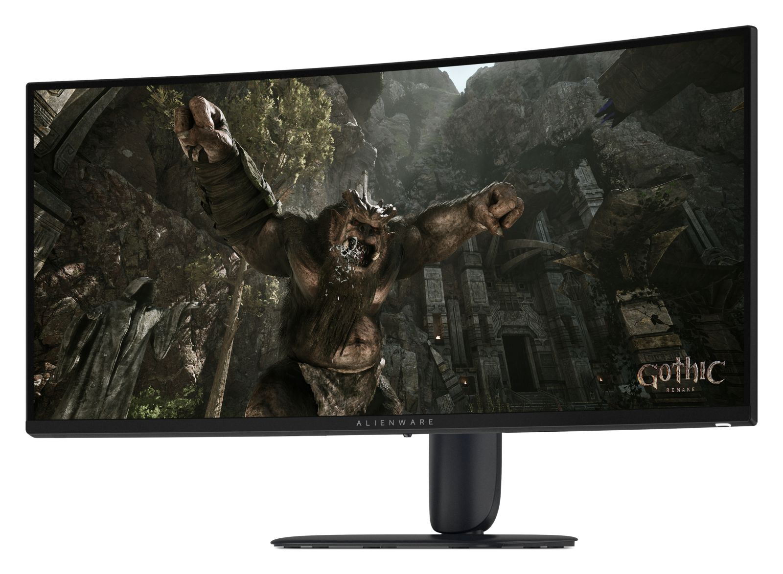 Un monitor curvo Alienware mostra una scena fantasy con una creatura simile a un troll davanti ad antiche rovine.