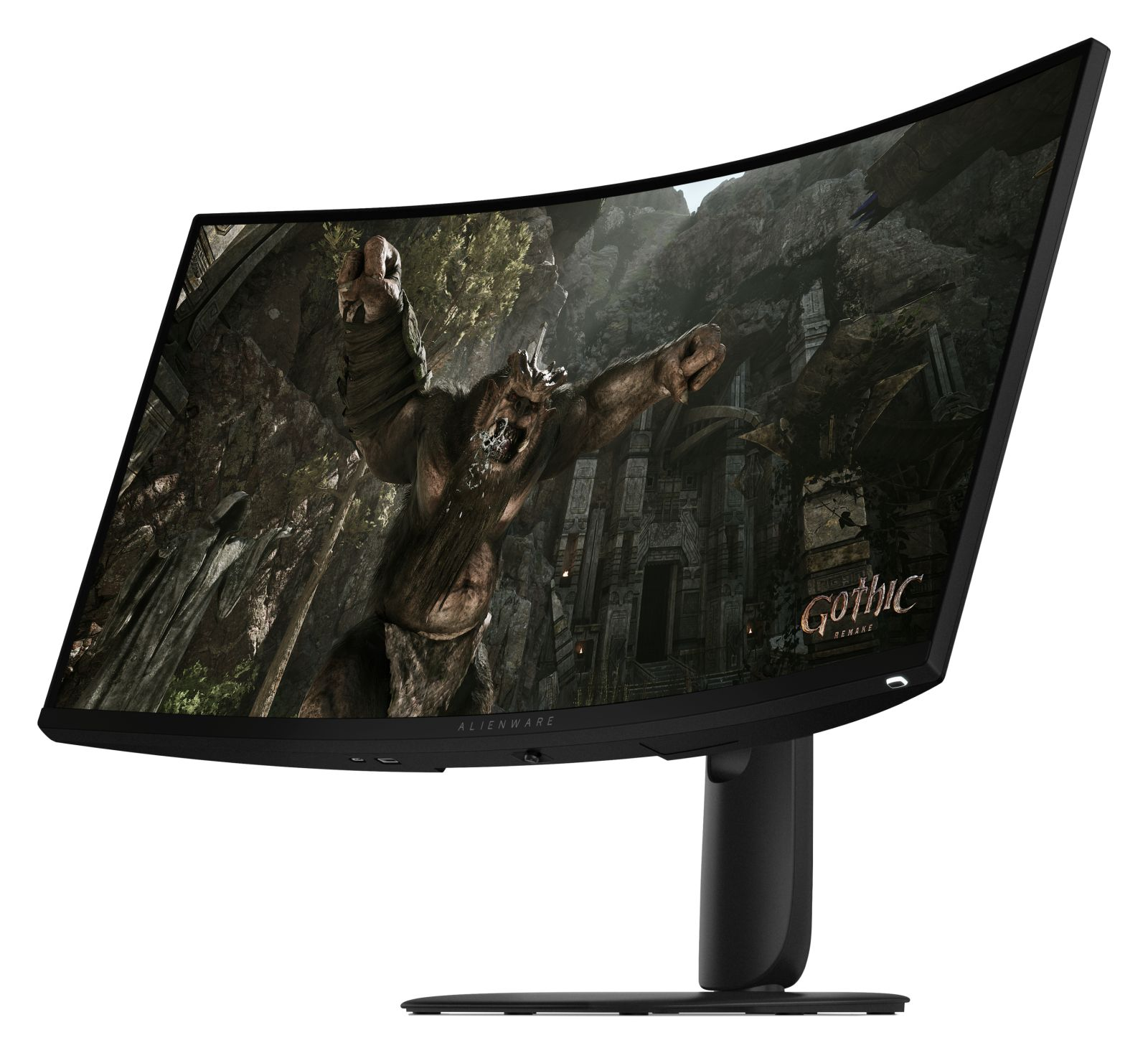 Un monitor da gioco Alienware curvo mostra il gioco Gothic Remake con una creatura mostruosa.