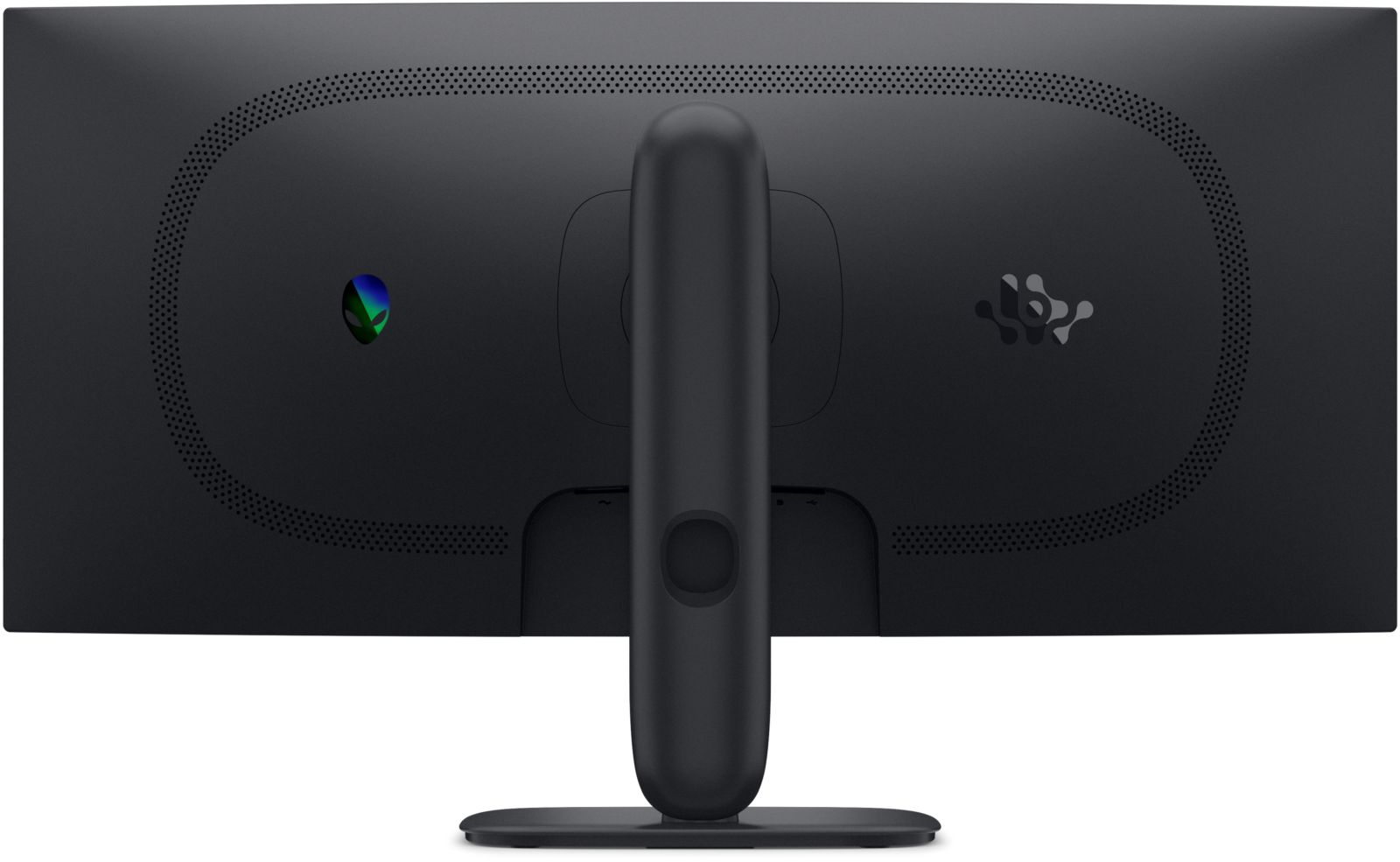 Vista posteriore di un monitor Alienware nero con supporto centrale, logo blu a sinistra e motivo a destra.