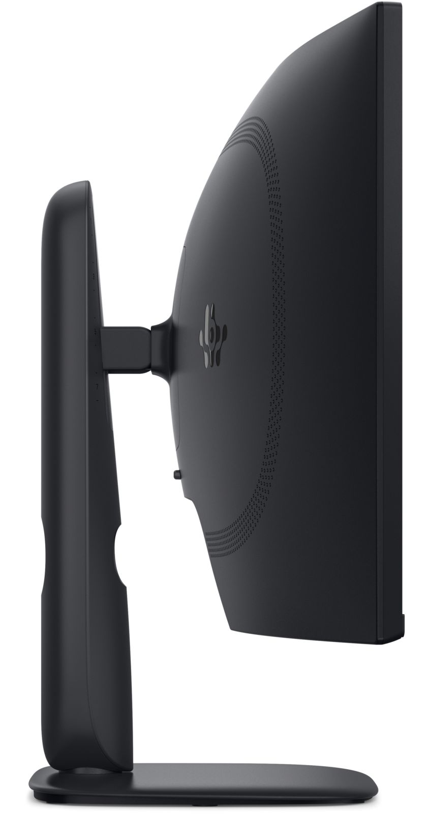 Vista laterale di un monitor per computer nero curvo su supporto, che mostra il pannello posteriore.