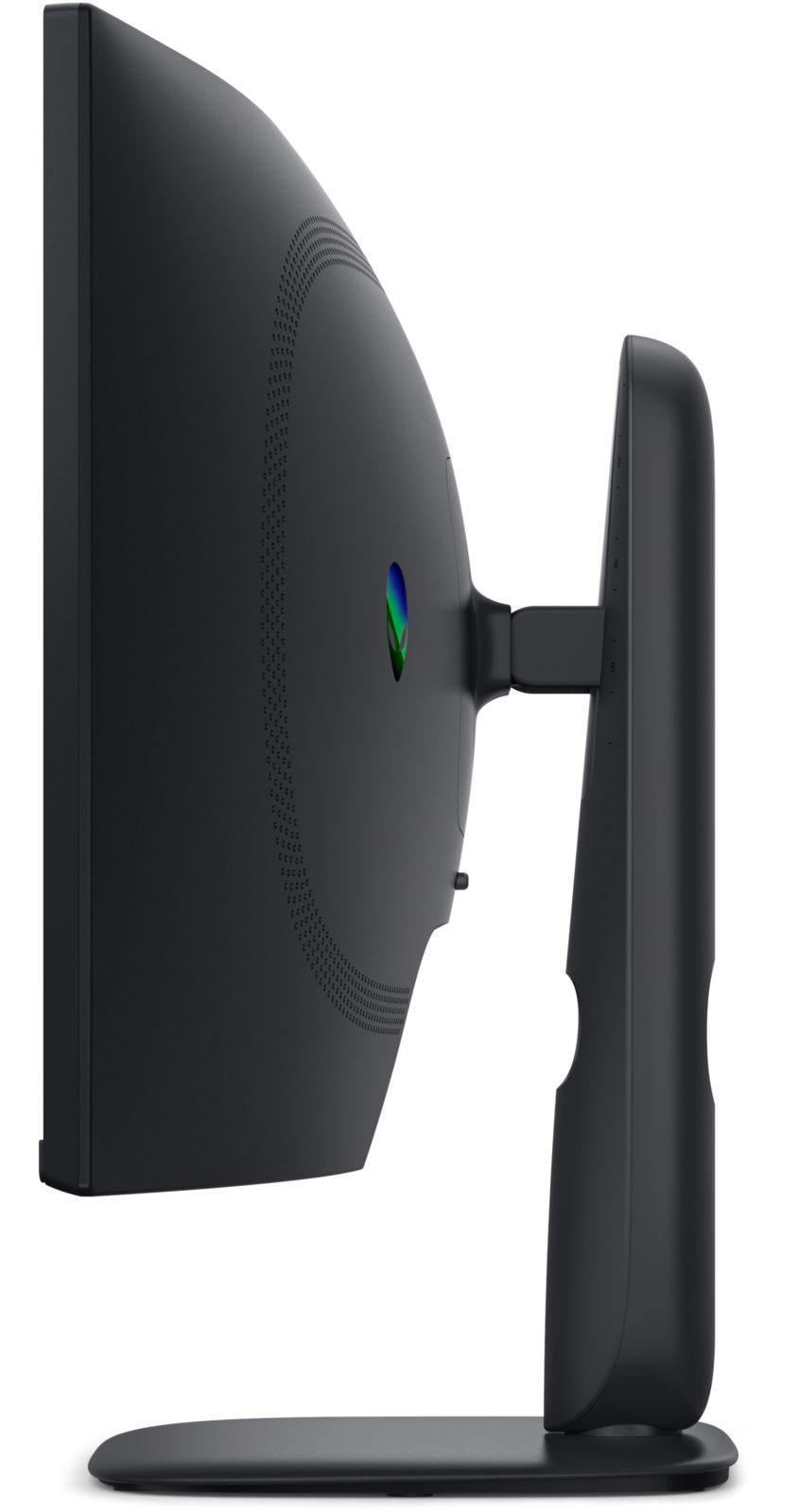 Vista laterale di un monitor curvo nero con logo Alienware illuminato sul retro.