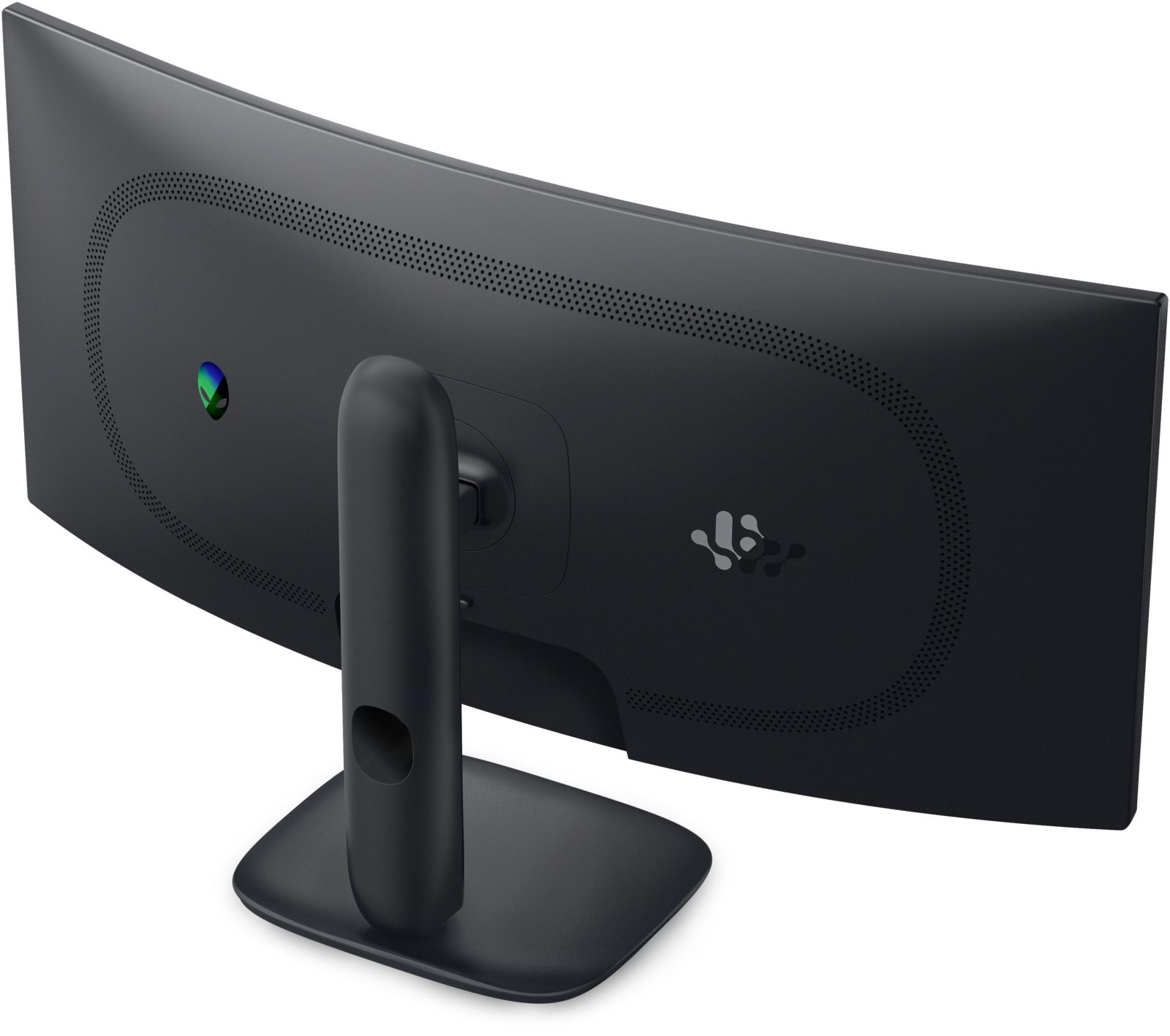 Vista posteriore di un monitor nero curvo con supporto, fessure di ventilazione e logo colorato.