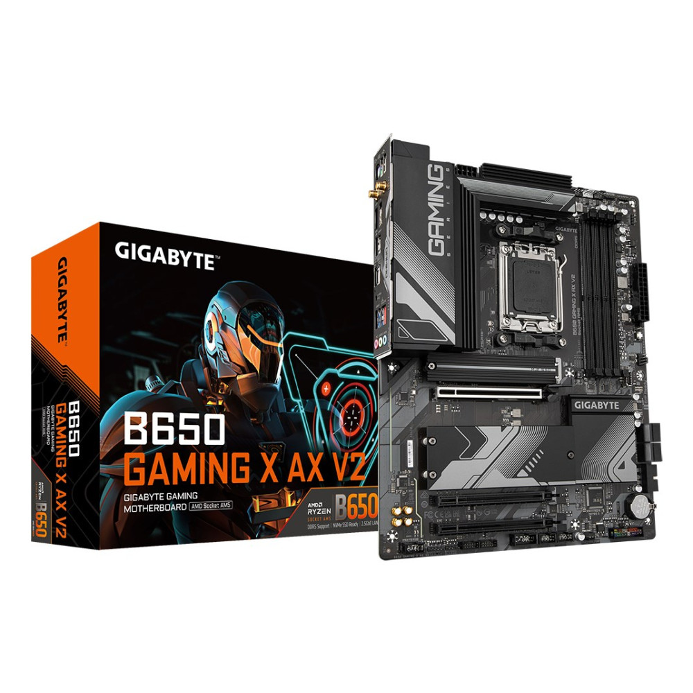 Plyta glowna Gigabyte B650 Gaming X AX V2 i pudelko z grafika futurystycznego zolnierza na pomaranczowo-czarnym tle.